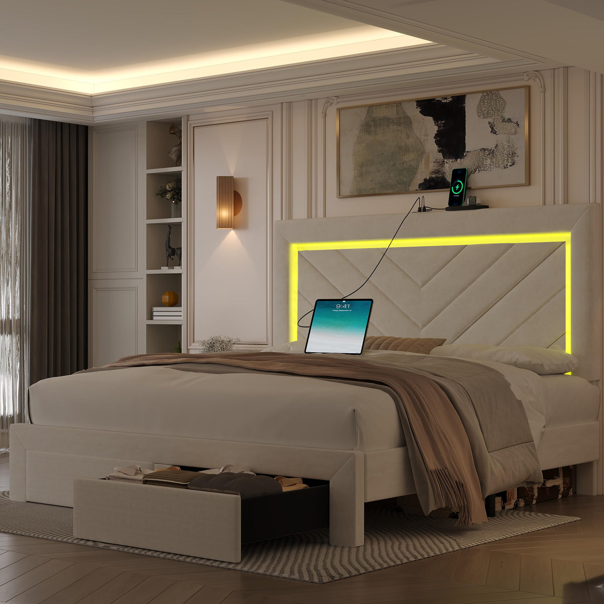 Fastroby Queen Size Bed Frame with Adjustable Headboard and 2 Storage Drawers, Upholstered Bed Frame Queen with RGB LED Light and Charging Station, Easy Assembly, No Box Spring Needed, Off White Fastroby