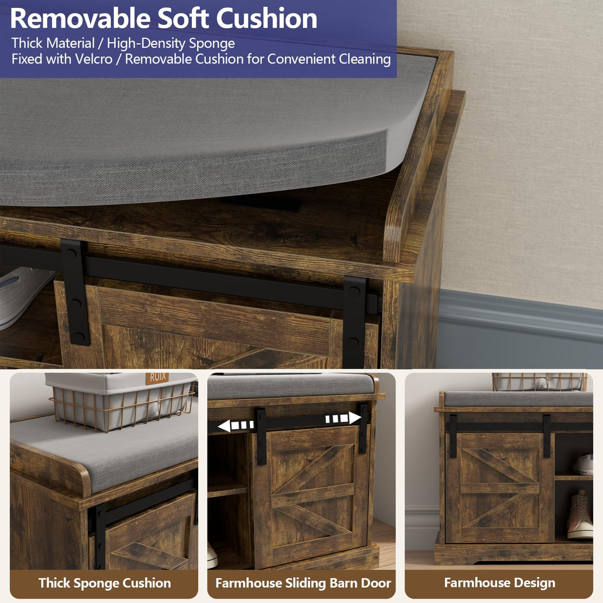 Loomie Shoe Storage Bench, 2-Tier Farmhouse Entryway Bench with Sliding Barn Door Storage Cabinets & Full Soft Removable Seat Cushion, Silm Shoe Rack with Shoe Cabinet for Entryway, Hallway, Bedroom Loomie