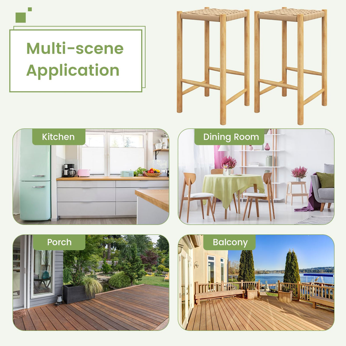 Giantex 26" Counter Height Wood Bar Stools Set of 4, Boho Rattan Barstools, Max Load 330 Lbs, Armless Saddle Kitchen Stools, Backless Wicker Bar Stools for Kitchen Counter Indoor Outdoor Giantex