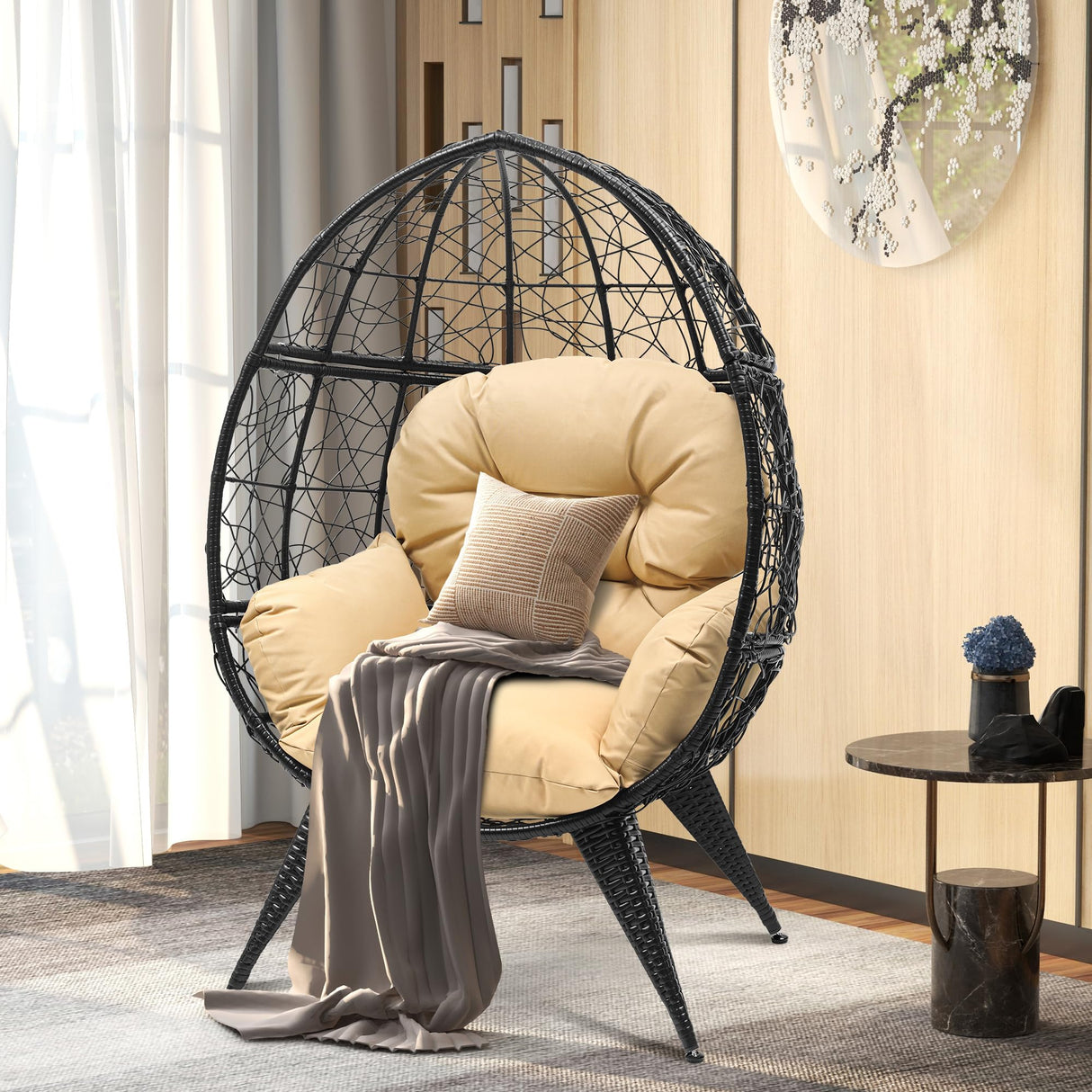 DWVO Egg Chair Patio Rattan Chair with Stand Anti-Slip All-Weather Poratble Adjustable Chair Feet Wicker Egg Lounger Chair for Indoor Outdoor 330LBS (Beige) DWVO