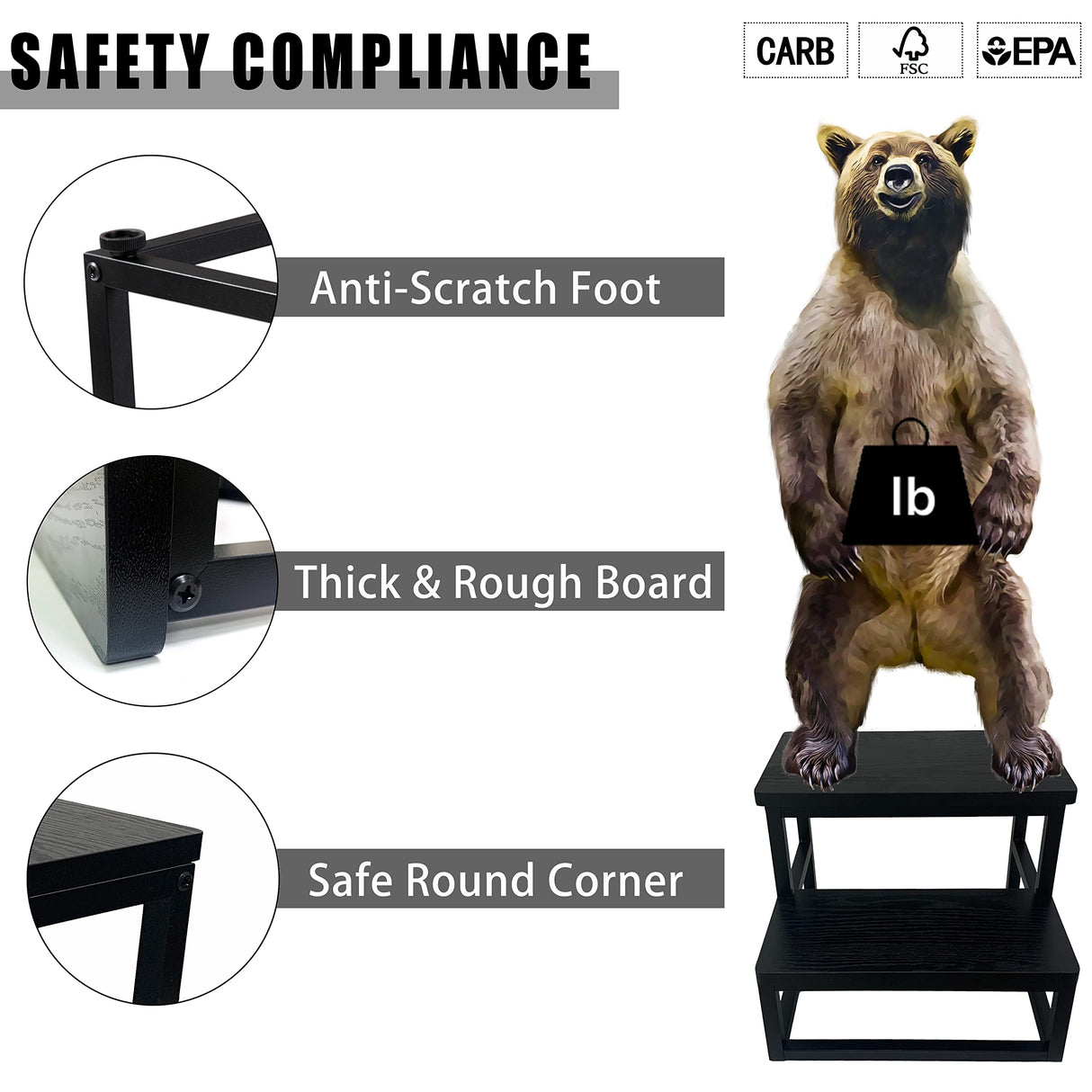 SZLHANJZ Step Stool, Bedside Steps for High Beds with Round Corners, 2 Steps Footstool for Adults, Metal and Wood Stepping Stool for Kitchen Bedroom, Load 500 LB, Black SZLHANJZ