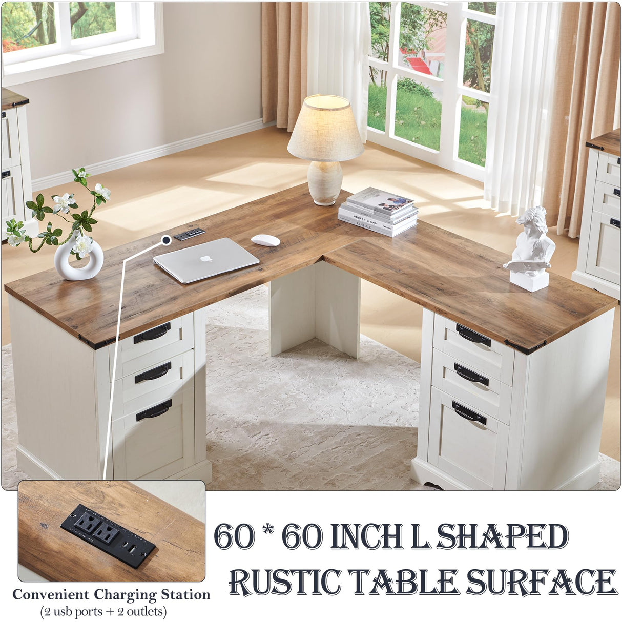 RedLemon 60" Farmhouse L Shaped Executive Desk with Drawers, Wood Home Office Corner Desk with Charging Station, File Drawer, Storage Cabinet, Rustic Computer Writing Desk (Antique White) RedLemon