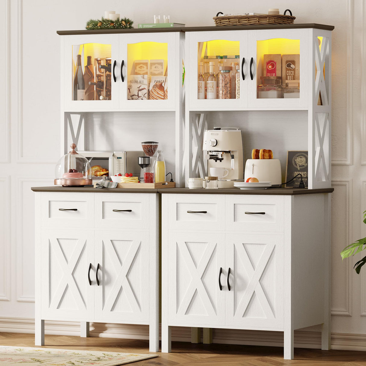 IRONCK 71" Kitchen Pantry Cabinet with LED Lights and Power Outlets, Farmhouse Kitchen Hutch Cabinet with Microwave Stand, Tall Cupboard Kitchen Cabinet with Countertop for Kitchen, White IRONCK