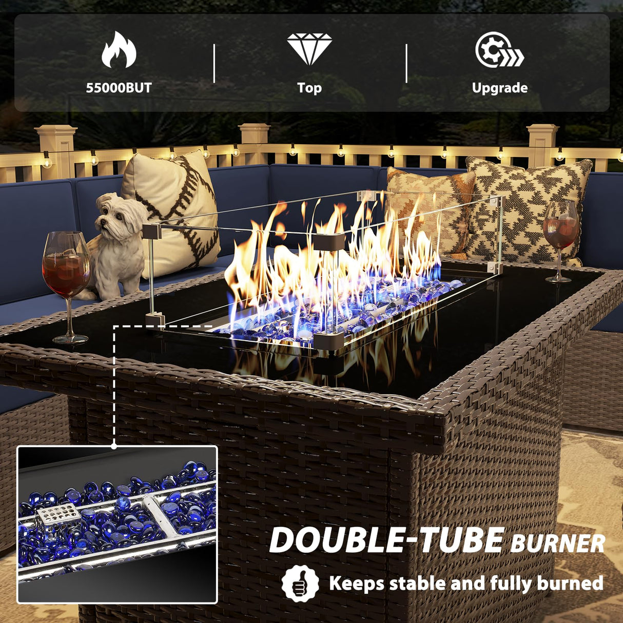 Vakollia 13 Pieces Patio Furniture Set with 44" Propane Gas Fire Pit Table, Outdoor Sectional Wicker Conversation Sofa Sets with Coffee Table Vakollia