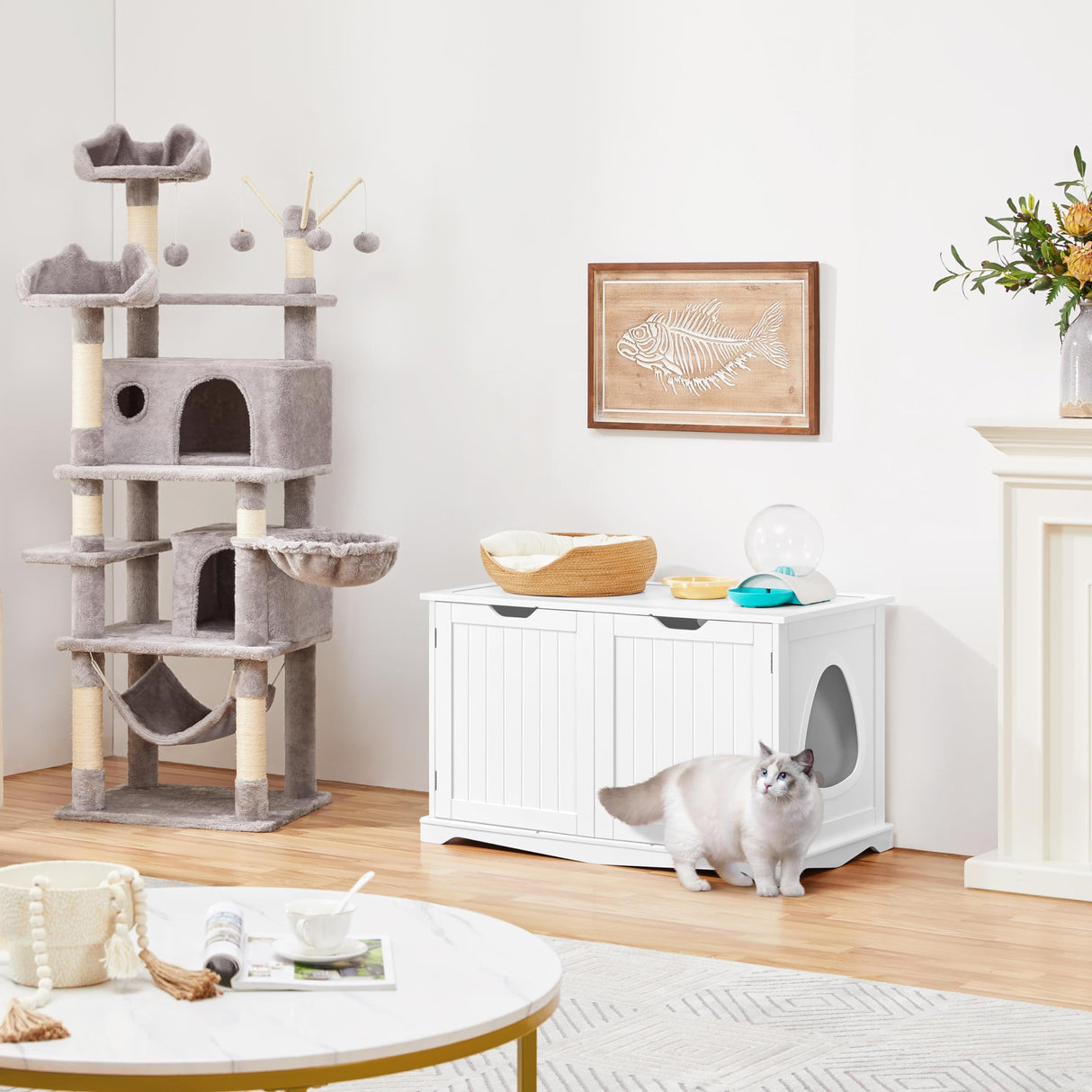 Yaheetech Cat Litter Box Enclosure, Cat Litter Box Furniture Hidden, Wooden Pet Crate Cat Washroom Storage Bench with Divider Home Litter Loo Indoor Cat House White Yaheetech