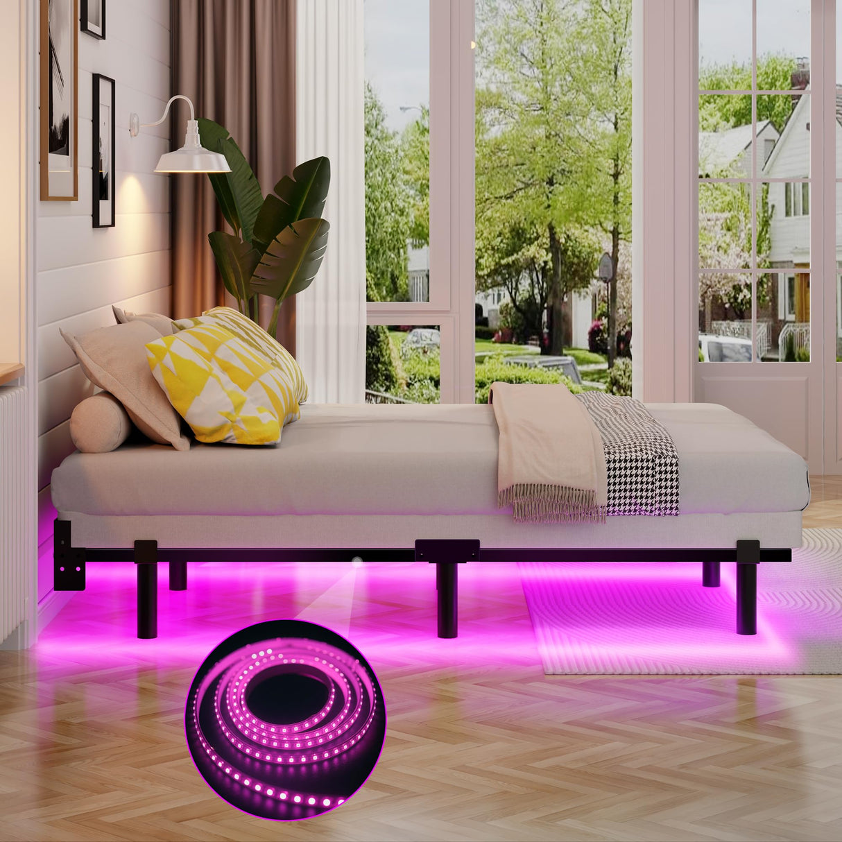 Awesofurni Queen Bed Frame with Smart LED Lights, 7 Inch Basics Metal Bed Frame, Heavy Duty 9-Leg Base for Box Spring and Mattress, Noise-Free, Easy Assembly, Black Awesofurni