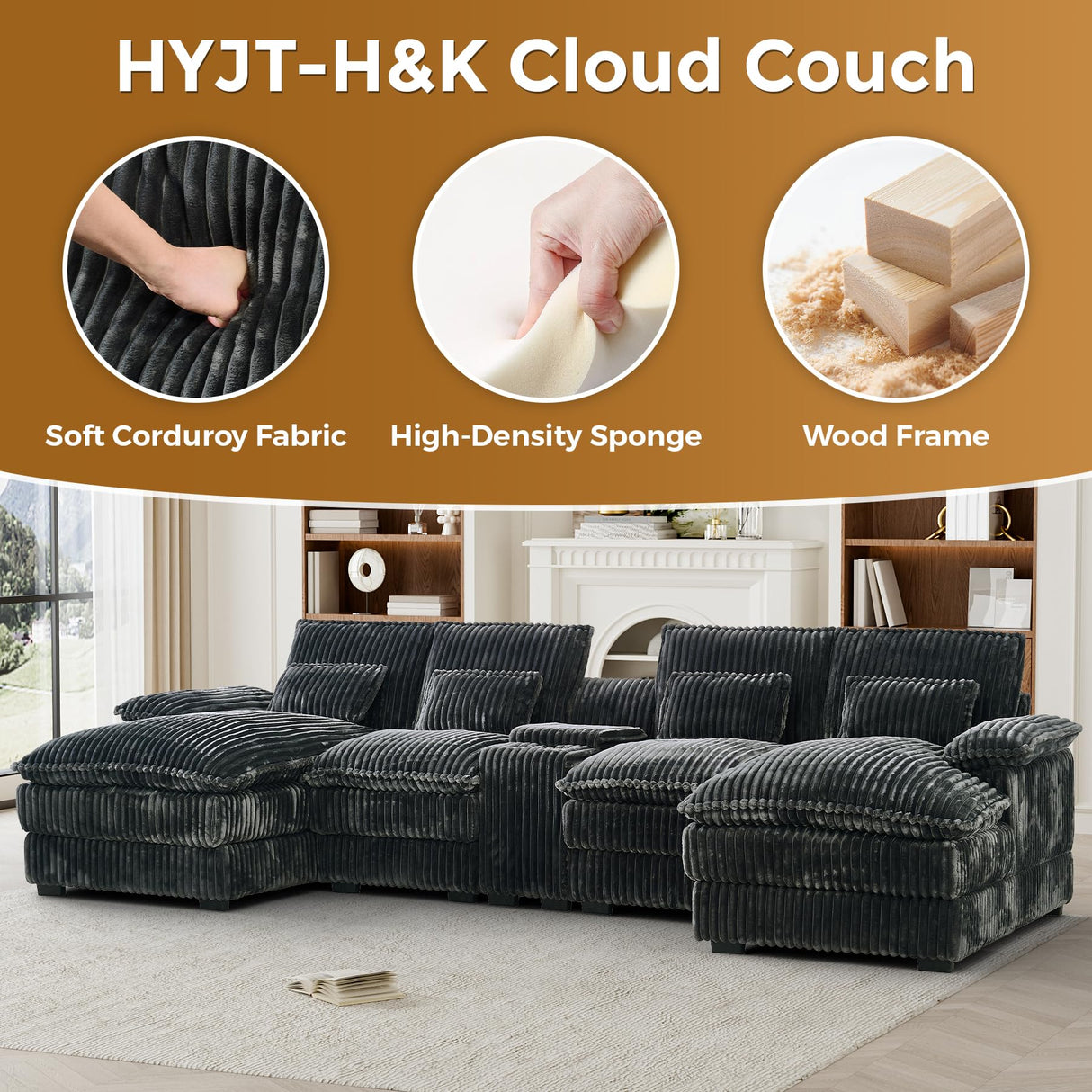 HYJT-H&K 124" U Shaped Cloud Couch Sectional, Comfy Fluffy Plush Corduroy Grey Sectional Couches for Living Room, Modern Modular Corduroy Couch Sectionals with Central Console & Double Chaise Lounge HYJT-H&K