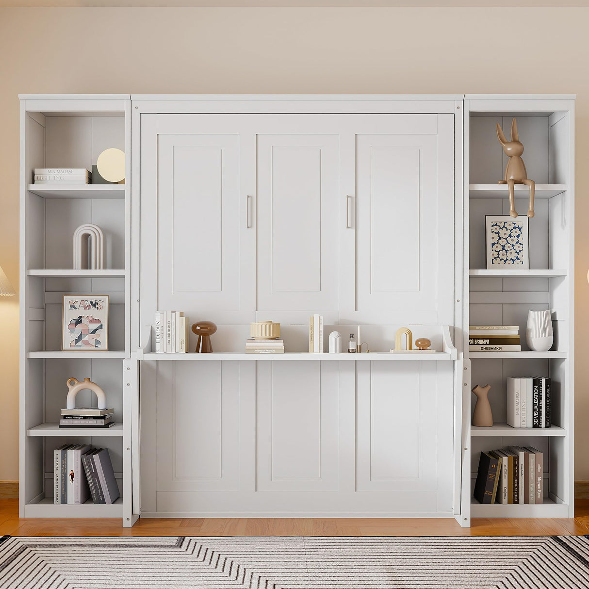 Merax Queen Size Murphy Bed with Desk and Bookshelf, White Merax