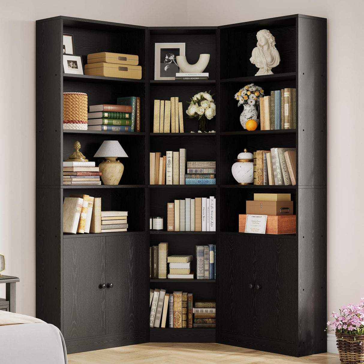 IRONCK Corner Bookshelf and Bookcase with 2 Storage Cabinets and 7 Tier Shelves, 71" Height Storage Shelves Corner Combination, Black IRONCK