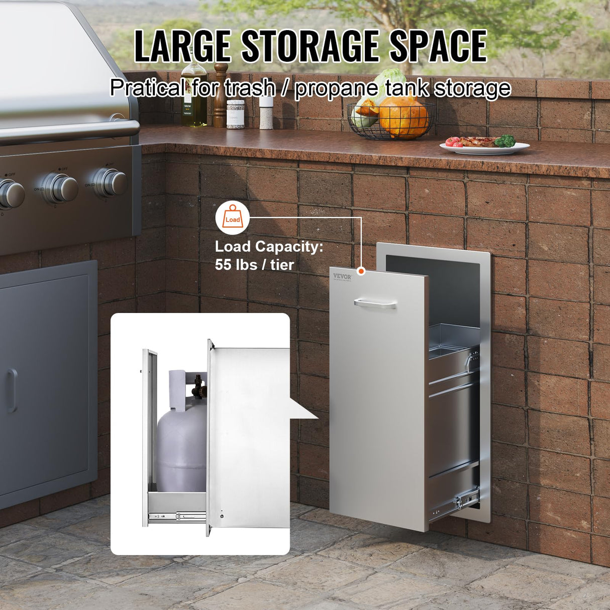 VEVOR Pull Out Trash Drawer 13.4"W x 25.7"H x 19.6"D Lower Sliding Rails Stainless Steel Roll Out Trash Bin Pull Out Tray Outdoor Kitchen Trash Drawer with Handle for BBQ Island Grill Station VEVOR