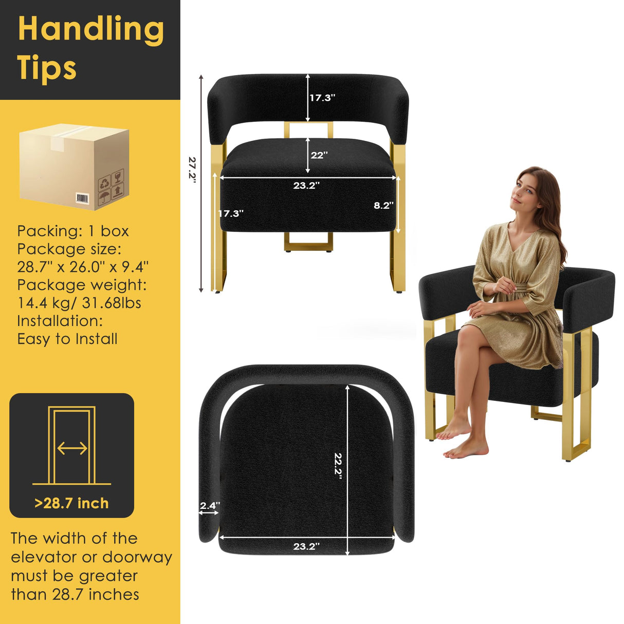 STHOUYN Modern Black and Gold Accent Chair Set of 2, Boucle Bucket Chairs Set of 2, Arm Chairs for Living Room Bedroom (2, Black) STHOUYN