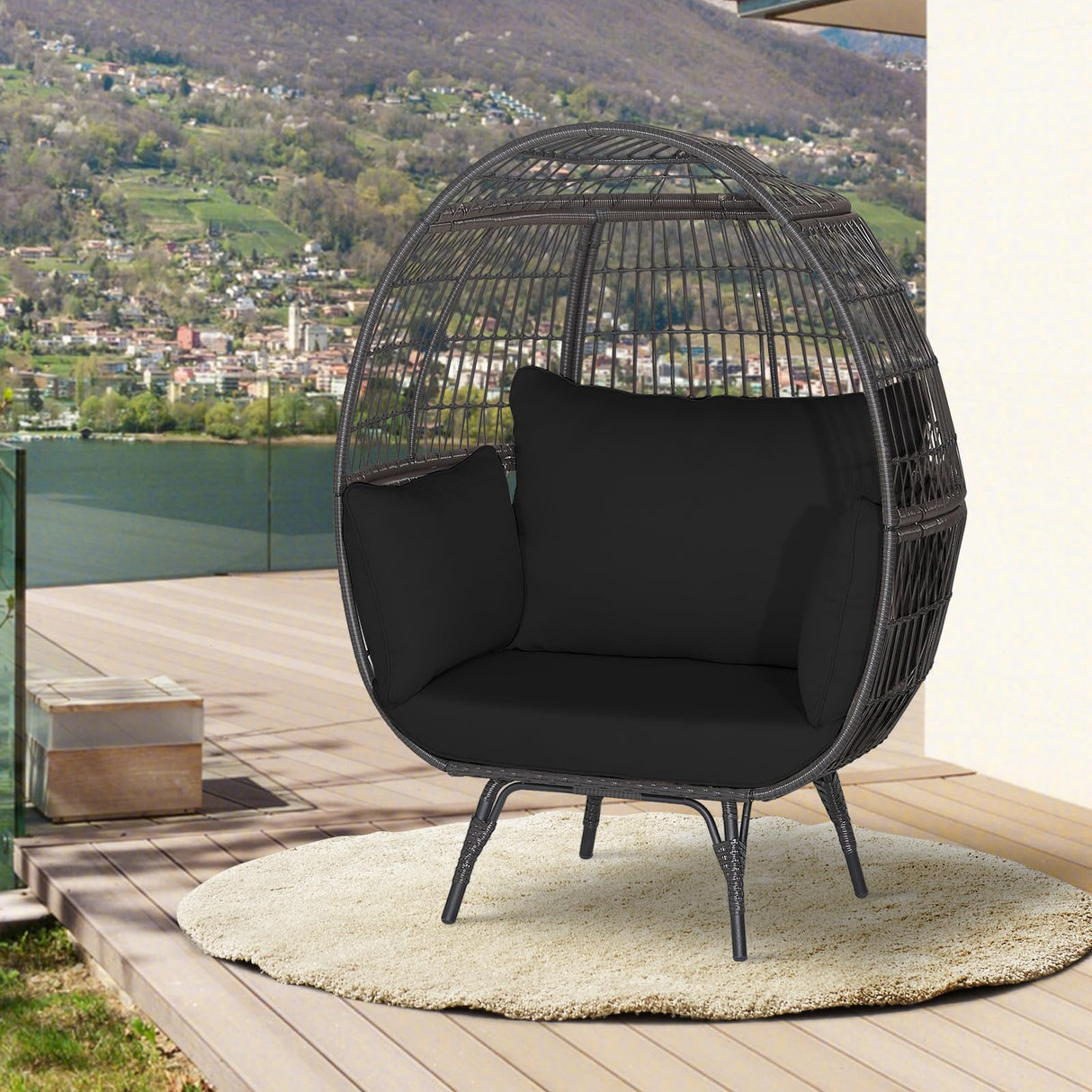Giantex Oversized Wicker Egg Chair, Outdoor & Indoor Hammock Chair with Thick Cushions, 2-Person PE Rattan Lounge Chair Swing Chair for Patio, Backyard,Porch, 450 LBS Weight Capacity (Black) Giantex