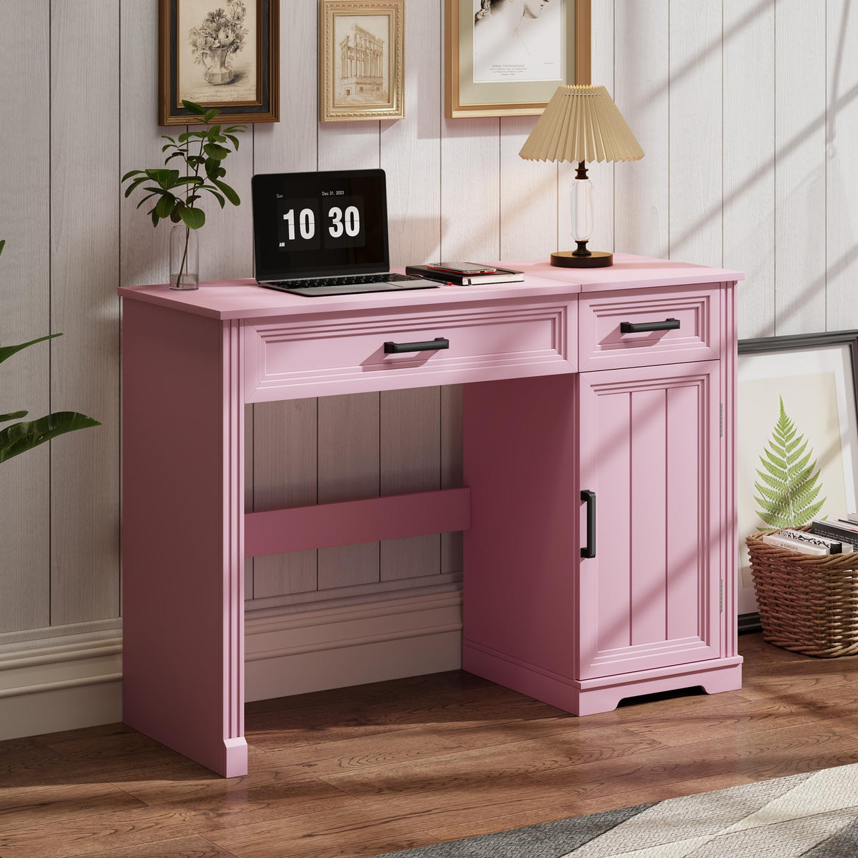 FOMNEY Farmhouse Vanity Desk with Flip Top Mirror, 43.3" W Makeup Vanity with Drawers, Storage Cabinet, Dressing Make Up Vanity Table for Bedroom, Wood Home Office Desk, Pink FOMNEY