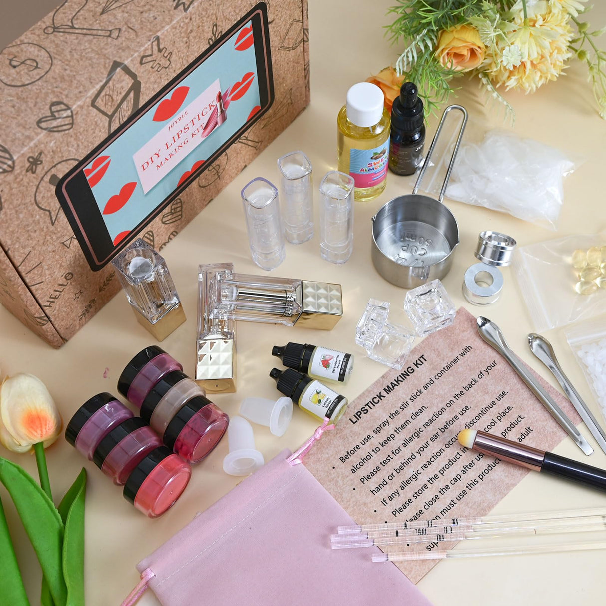 JUYRLE Lipstick Making Kit- 47Pcs DIY Matte Velvet Lipstick Set, Lip Gloss Kit, Make Your Own Lip Stain Kit with Beeswax Long-Lasting Quick-Drying Non-Stick Cup Lip Makeup Gift Kit for Women Beginner JUYRLE