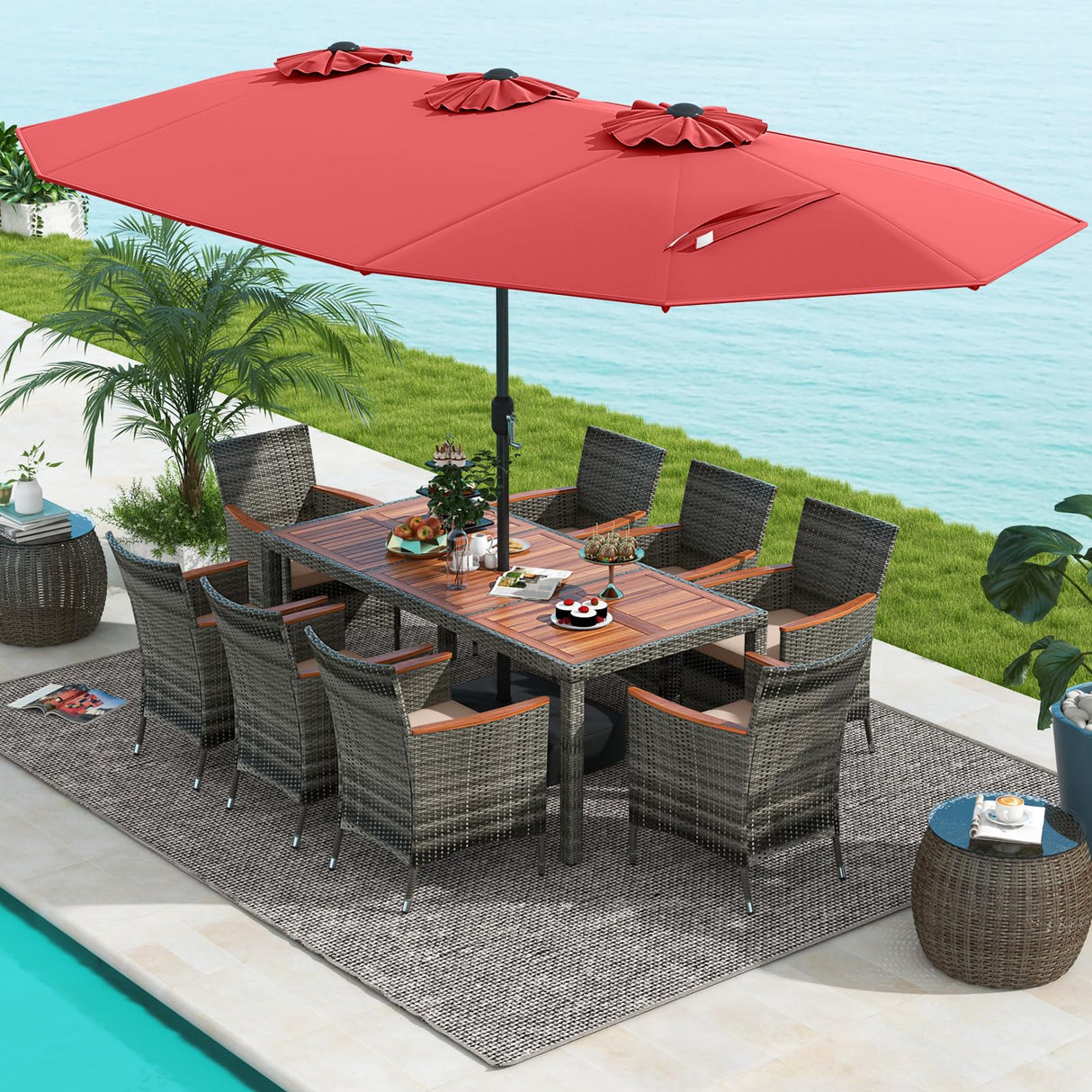 Tangkula 10 Pieces Patio Wicker Dining Set w/Double-Sided Patio Umbrella, Outdoor Acacia Wood Furniture Set w/ 8 Armchairs, 71” Dining Table & 15 ft Umbrella with Weighted Base (Wine) Tangkula
