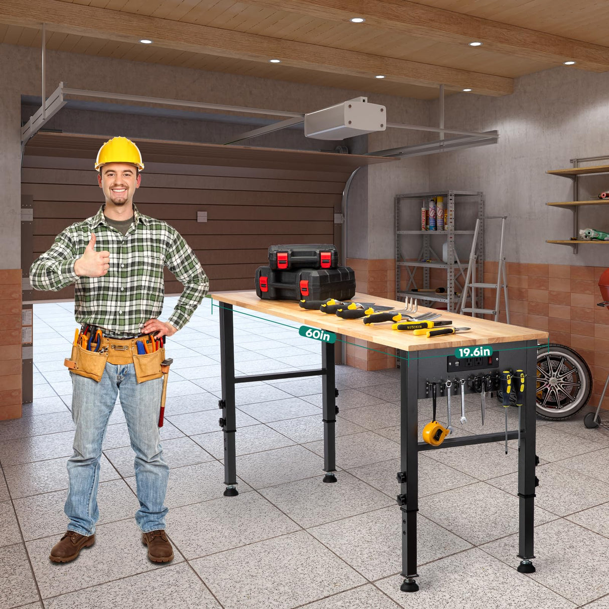 OLBRUS 60" Heavy-Duty Adjustable Workbench for Workshop Office Garage Home, Hardwood Workstation, Heavy Duty 2000 LBS Load for Adjustable Foot Pads OLBRUS