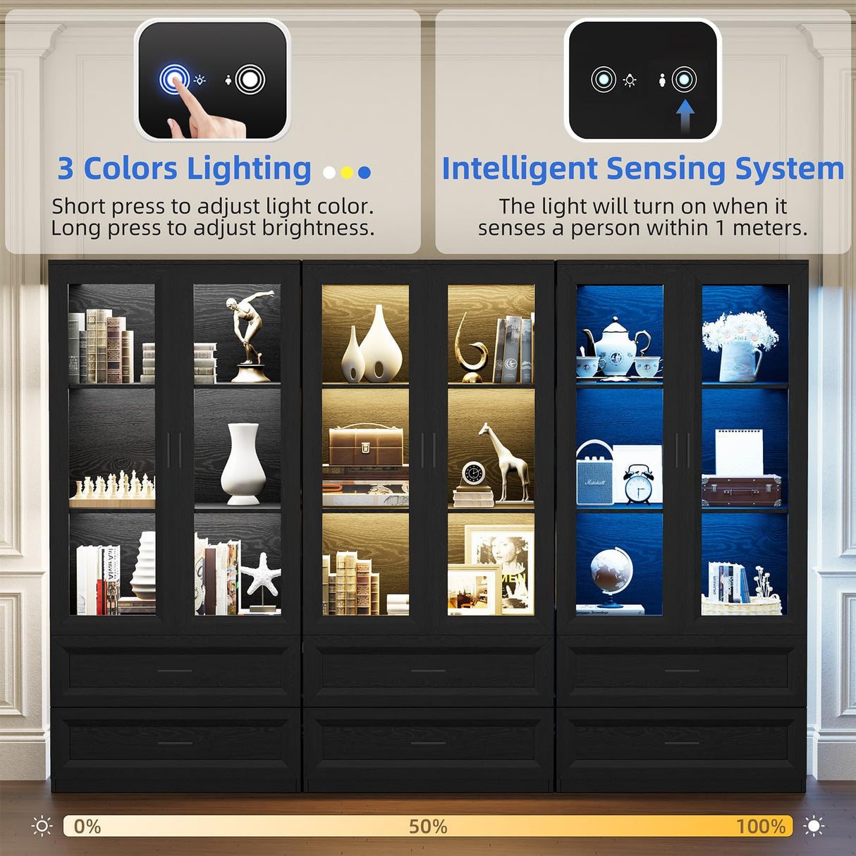 BROTTAR Display Cabinet with LED Lights, Curio Storage Cabinet with Acrylic Doors & 2 Drawers, 67" Bookcase Display Case for Collectibles, Human Body Sensor, Home Office, Living Room, Black BROTTAR
