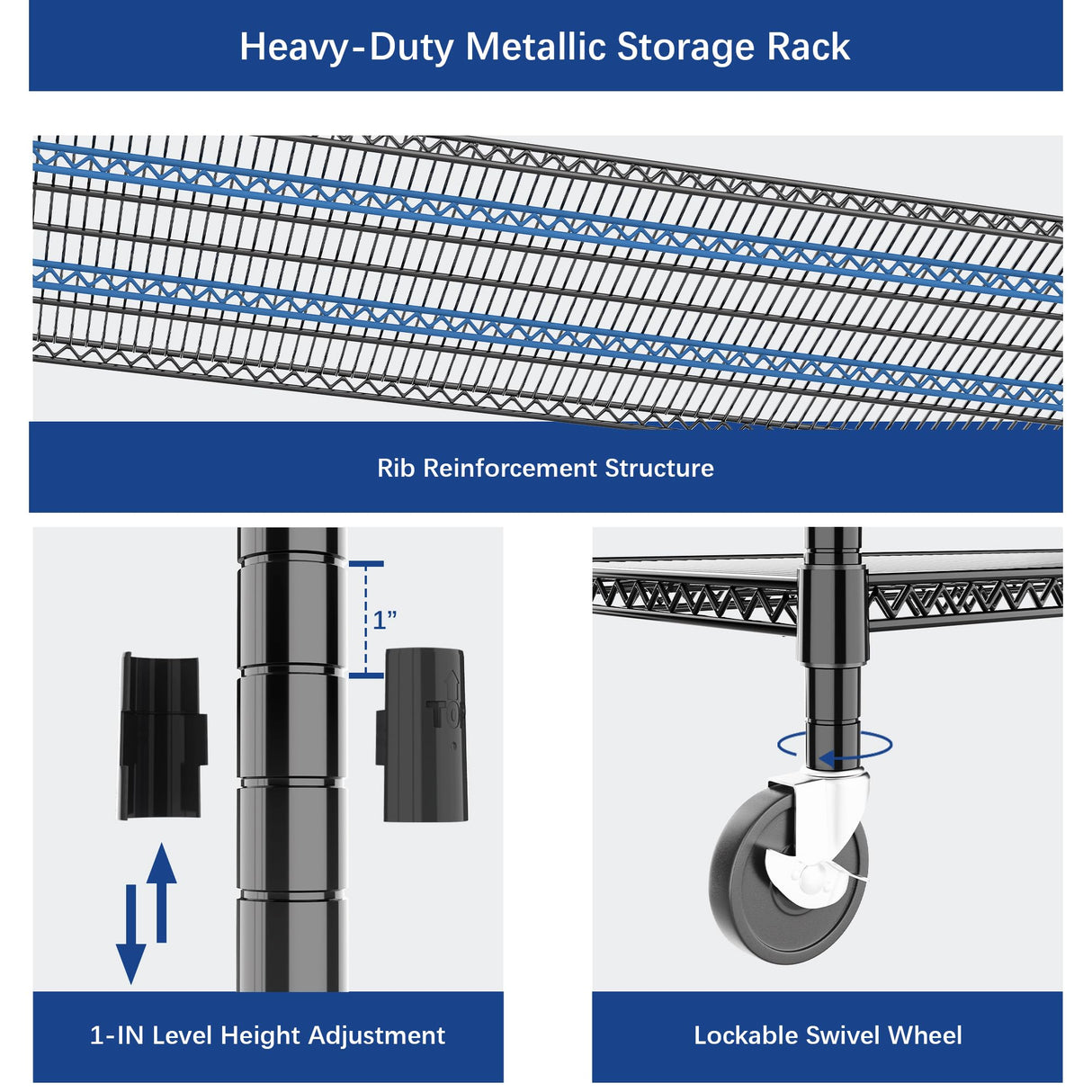 Heavy Duty Shelving, 51.6" H Garage Shelving Unit with Wheels, 3-Tier Garage Storage Shelves Metal Shelves Rack, Adjustable Industrial Shelving for Warehouse Storage, 60" W x 24" D x 51.6" H, Black GIOTORENT