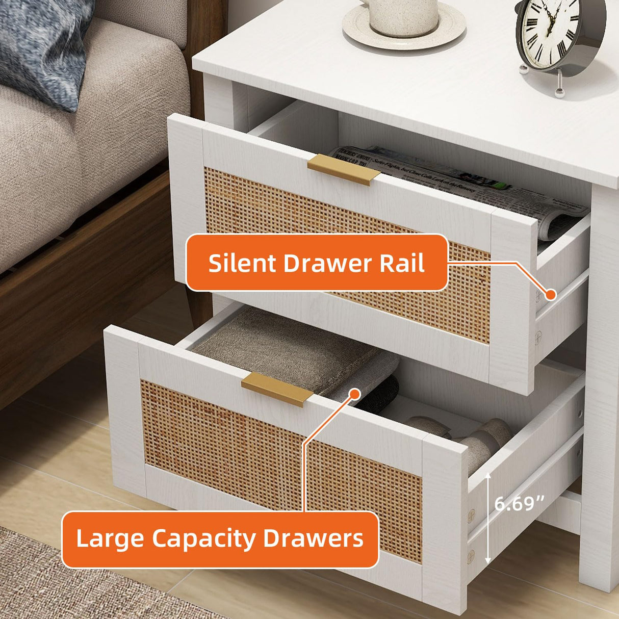 AILEEKISS Night Stand Set of 2 Rattan Nightstands with Wireless Charging Station, Wood Accent Bed Side End Tables with 2 Rattan Drawers, Modern Bedside Stand for Bedroom, Living Room (White) AILEEKISS