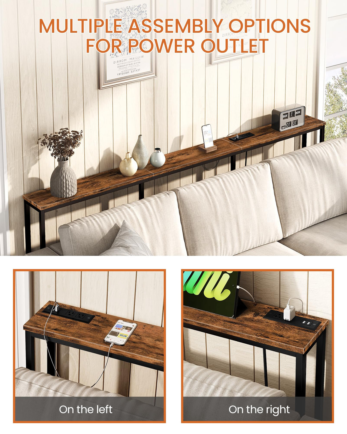 CHOEZON 78.7'' Narrow Console Table with Power Outlet 7.1" Skinny Sofa Table, Long Behind Couch Table with Charging Station, Entryway Table for Hallway, Living Room Rustic Brown and Black TXG20UBF CHOEZON