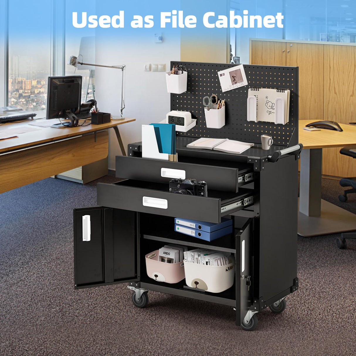 JFHID Work Bench for Garage with Pegboard Drawers and Cabinets Heavy Duty Metal Frame Tool Bench for Shop Kitchen Cabinets Organizer Work Table with Wheels (White Handle) JFHID