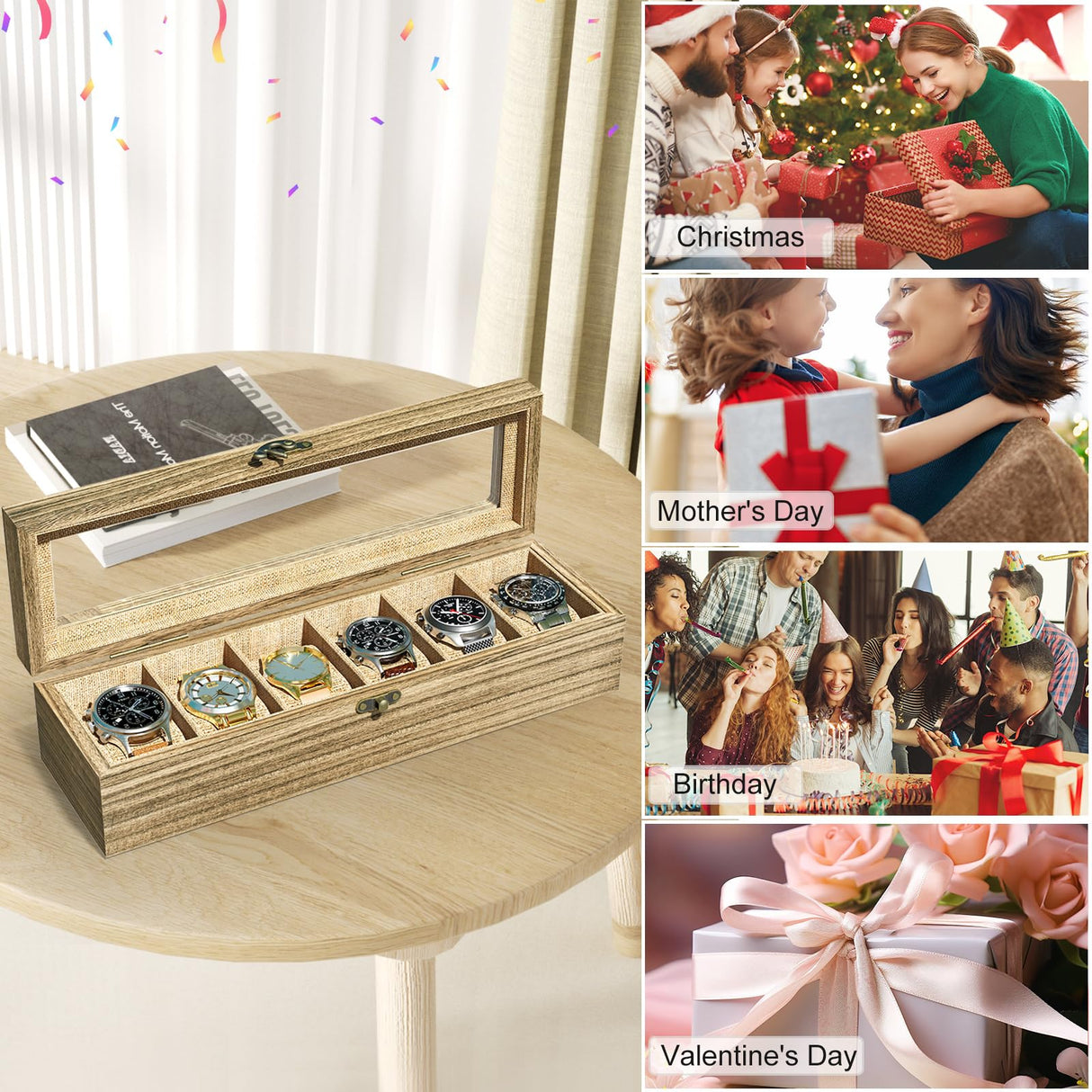 SRIWATANA Watch Box Case Organizer Display for Men Women, 6 Slot Wood Box with Glass Top, Gift for Loved Ones, Carbonized Black SRIWATANA