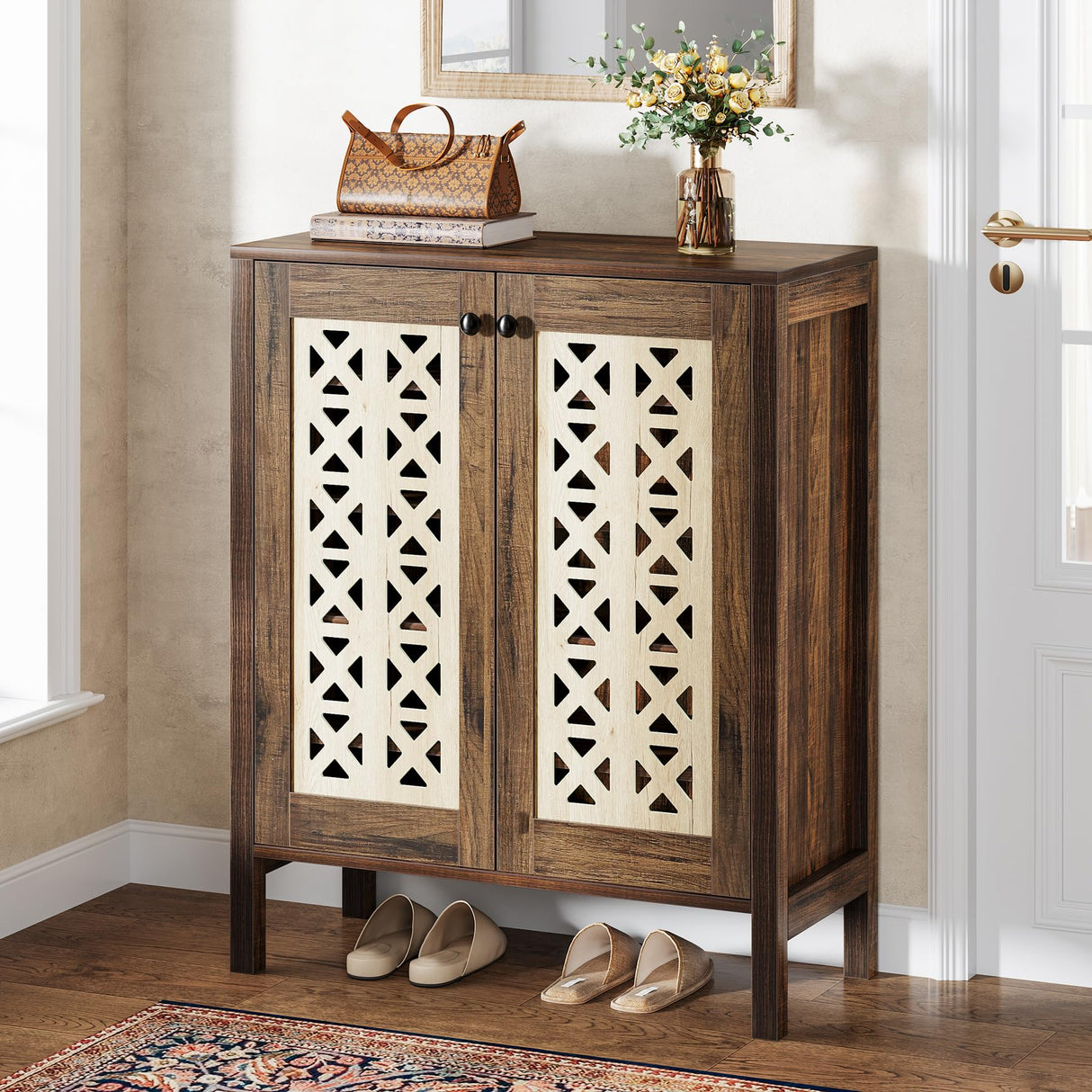 Tribesigns 5-Tier Shoe Cabinet with Doors, 25 Pairs Farmhouse Shoe Organizer, All-Wood Freestanding Shoe Storage Cabinet with Adjustable Shelves for Entryway, Hallway, Living Room, Brown & Beige Tribesigns