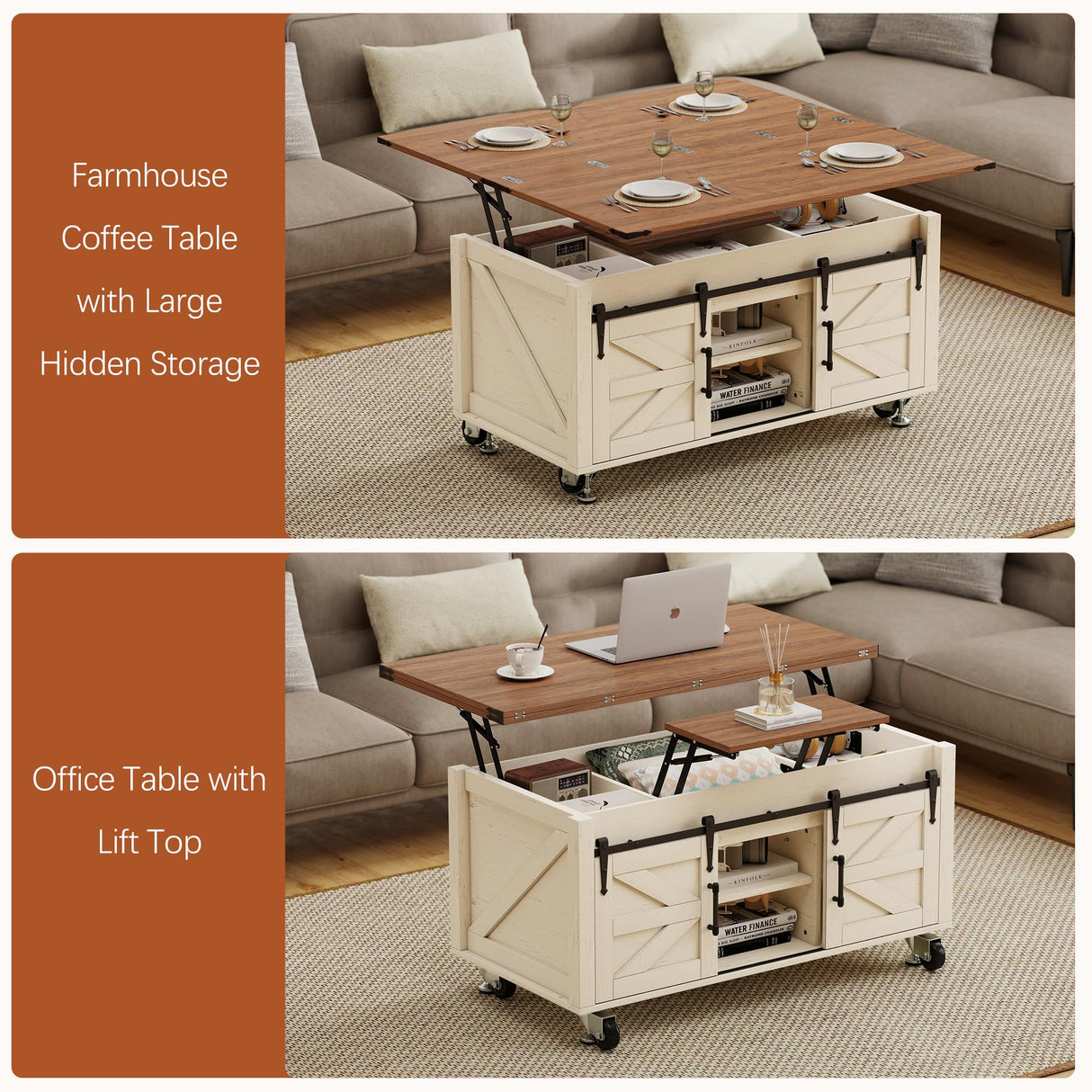 Turosur Lift Top Coffee Table with Storage, 4 in 1 Farmhouse Coffee Table with Lockable Rolling Wheels and Hidden Compartment, Center Table with 4 Sliding Barn Door for Living Room Turosur