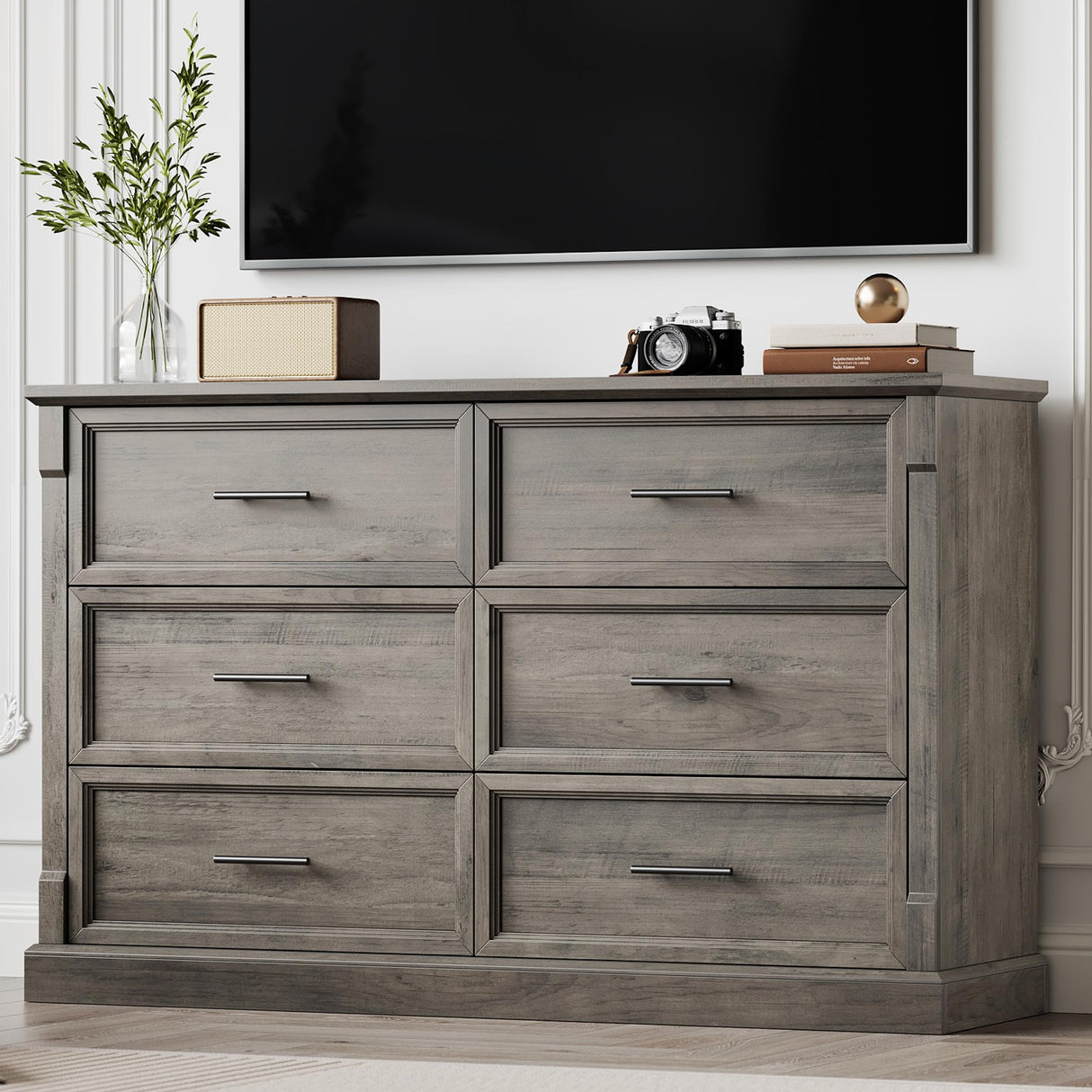 IDEALHOUSE Grey 6 Drawer Dresser for Bedroom, Farmhouse Large Double Chest of Drawers with Metal Handles, Rustic Wooden Dresser for Living Room, Hallway IDEALHOUSE