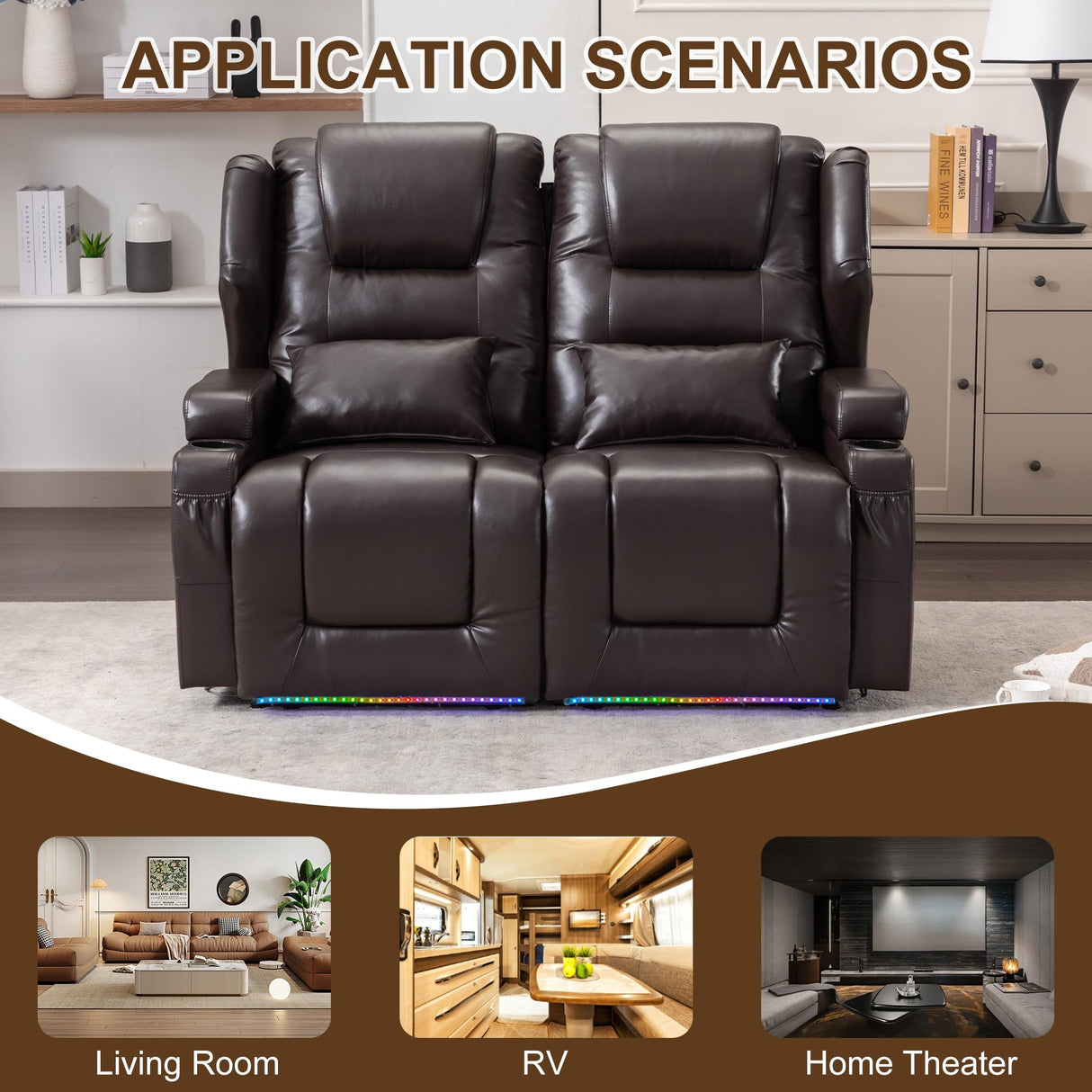 DRMBOOK RV Power Loveseat Recliner Sofa, Leather Double Wall Hugger Reclining Sofa, Home Theater Seating Chair with Cup Holders, 2 Person Couch RV Furniture for Living Room, Brown DRMBOOK
