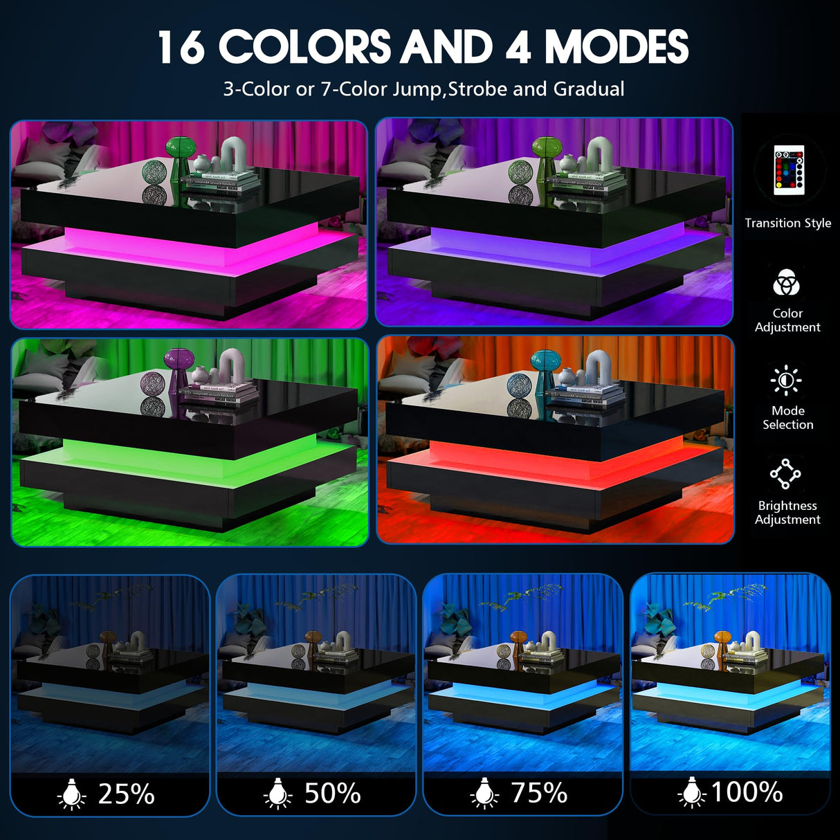 LED Coffee Table for Living Room, 2-Tier Modern Middle Center Table, Coffee Table with 16-Color Plug-in LED Light, Cocktail Tea Table for Home Office Reception Room, Black realglow