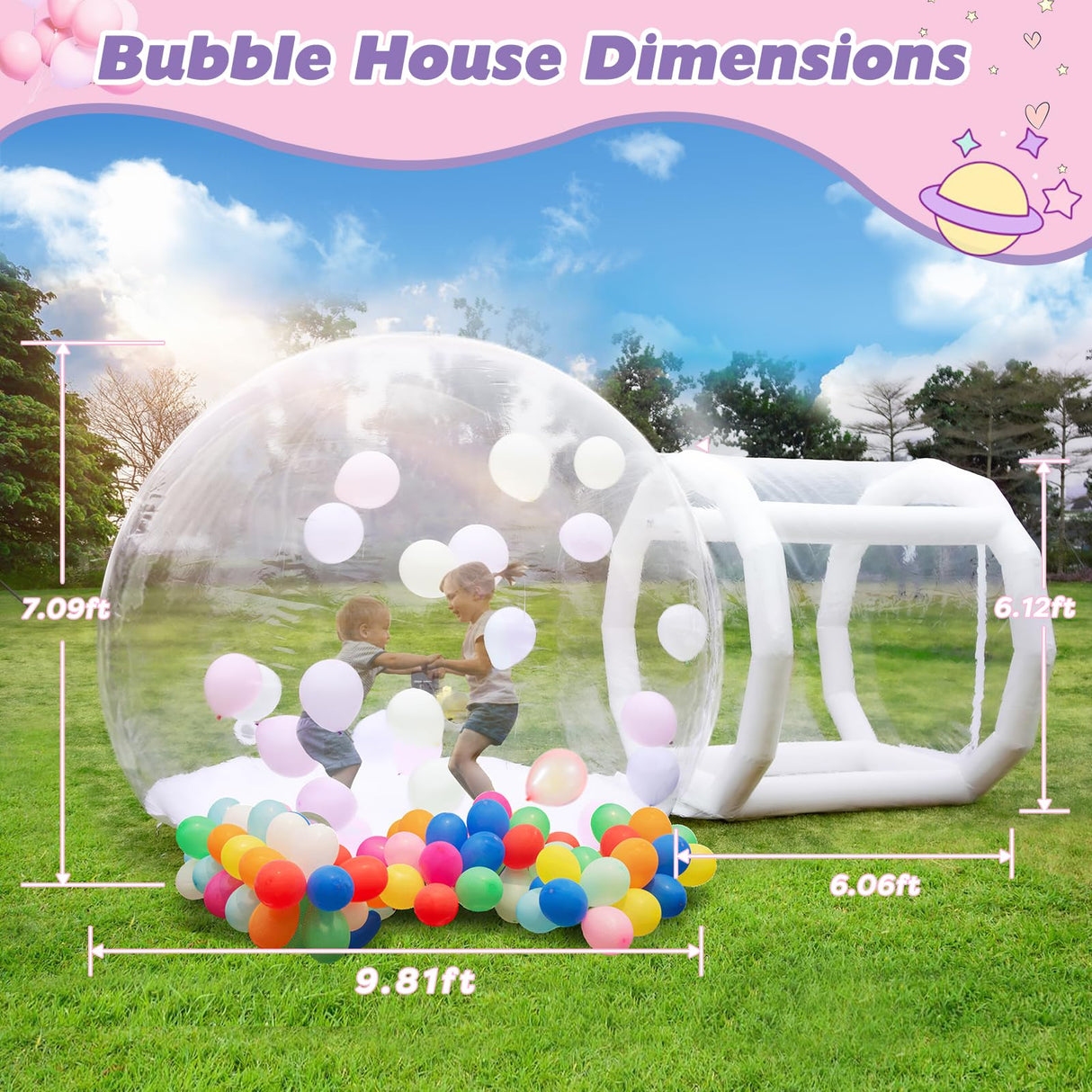 10FT Inflatable Bubble House Dome for Kids, Clear PVC Inflatable Bubble House Tent with Tunnel, Bubble Balloon House with 750W Air Blower, 600W Air Pump Inflatable Dome for Party (Clear, 10FT) Gaonala