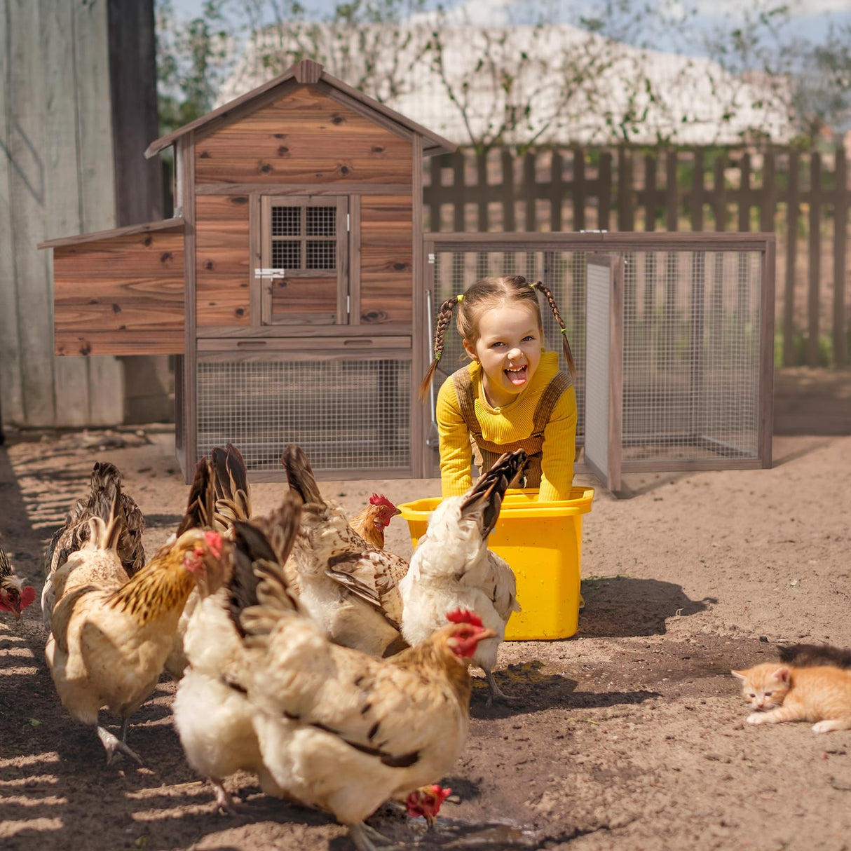 Outdoor 80'' Chicken Coop for Chickens Wooden Hen Fence,Duck,Chicken Cage with Nesting Box & Removable Tray,Small Animal Hutch for Backyard Poultry Coffe GREZJXC