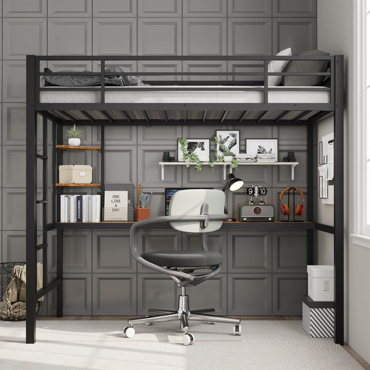 SLEKVERSA Twin Size Loft Bed with Large Desk and Storage Shelves, Metal Loft Bed with Safety Guardrail and Ladder for Kids and Adults, Space Saving, for Living Room, Bedroom, Black and Brown SLEKVERSA