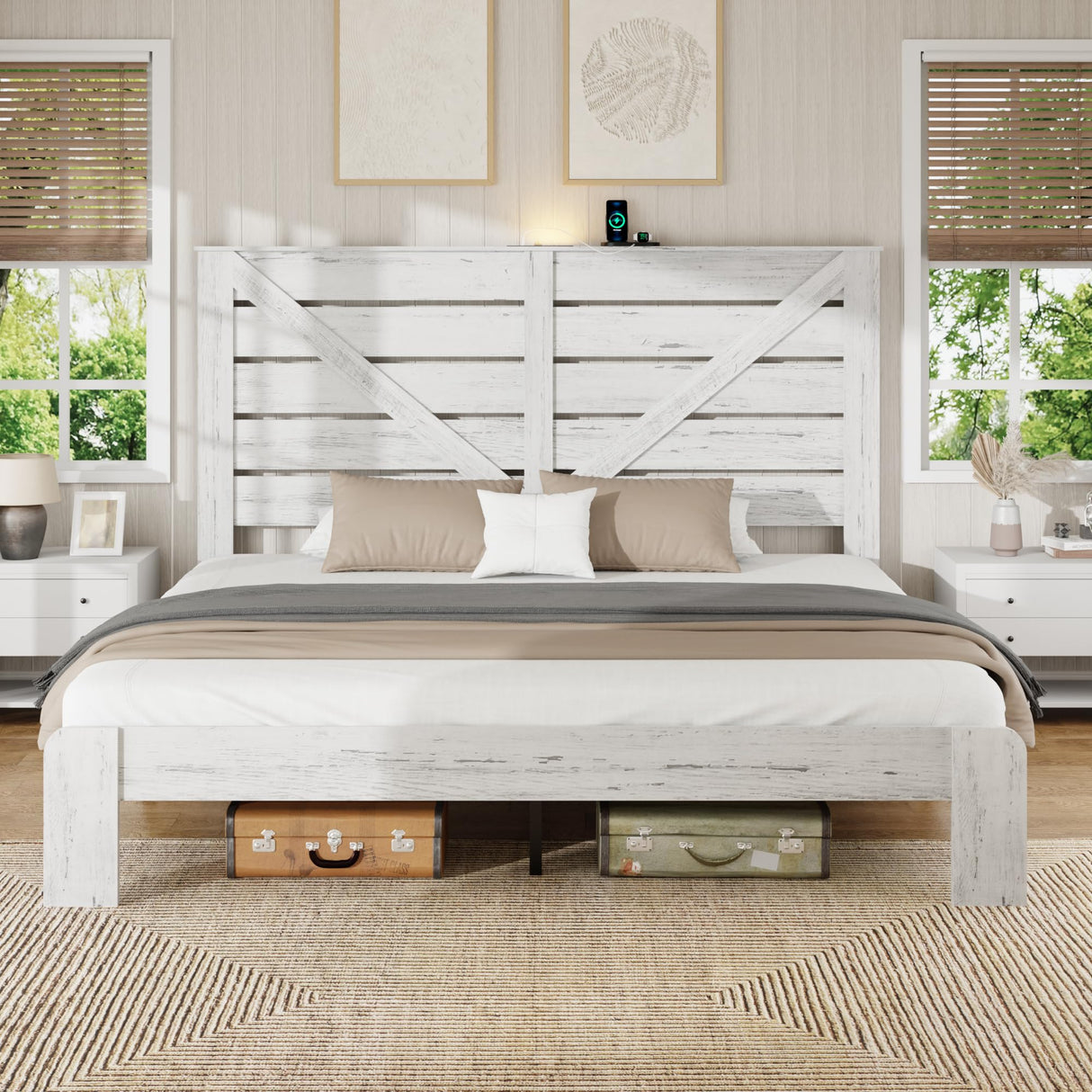 FSTAR King Size Wooden Farmhouse Bed Frame with Headboard, Boho Platform Bedframe with Charging Station & Led Lights, Heavy Duty Metal Slats, Noise Free, No Box Spring Needed, White FSTAR