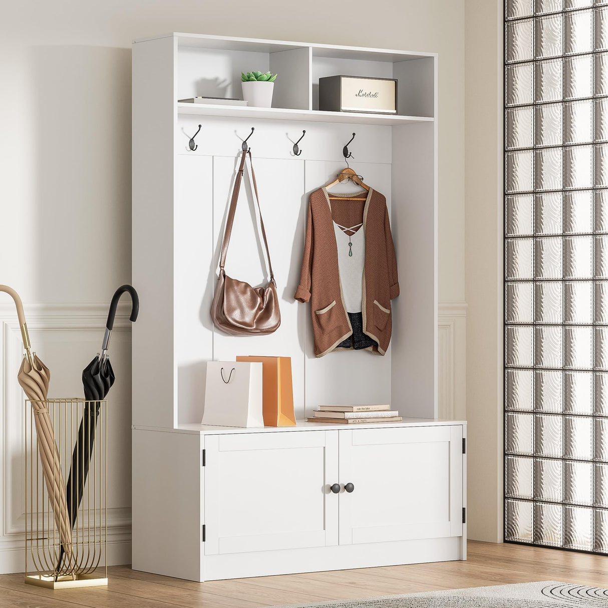 MHOM White Hall Tree with Storage Bench, 65" Tall Entryway Bench with Shoe Storage, Coat Rack and Top Shelf, Freestanding Wooden Hall Tree with Bench for Entryway, and Hallway MHOM