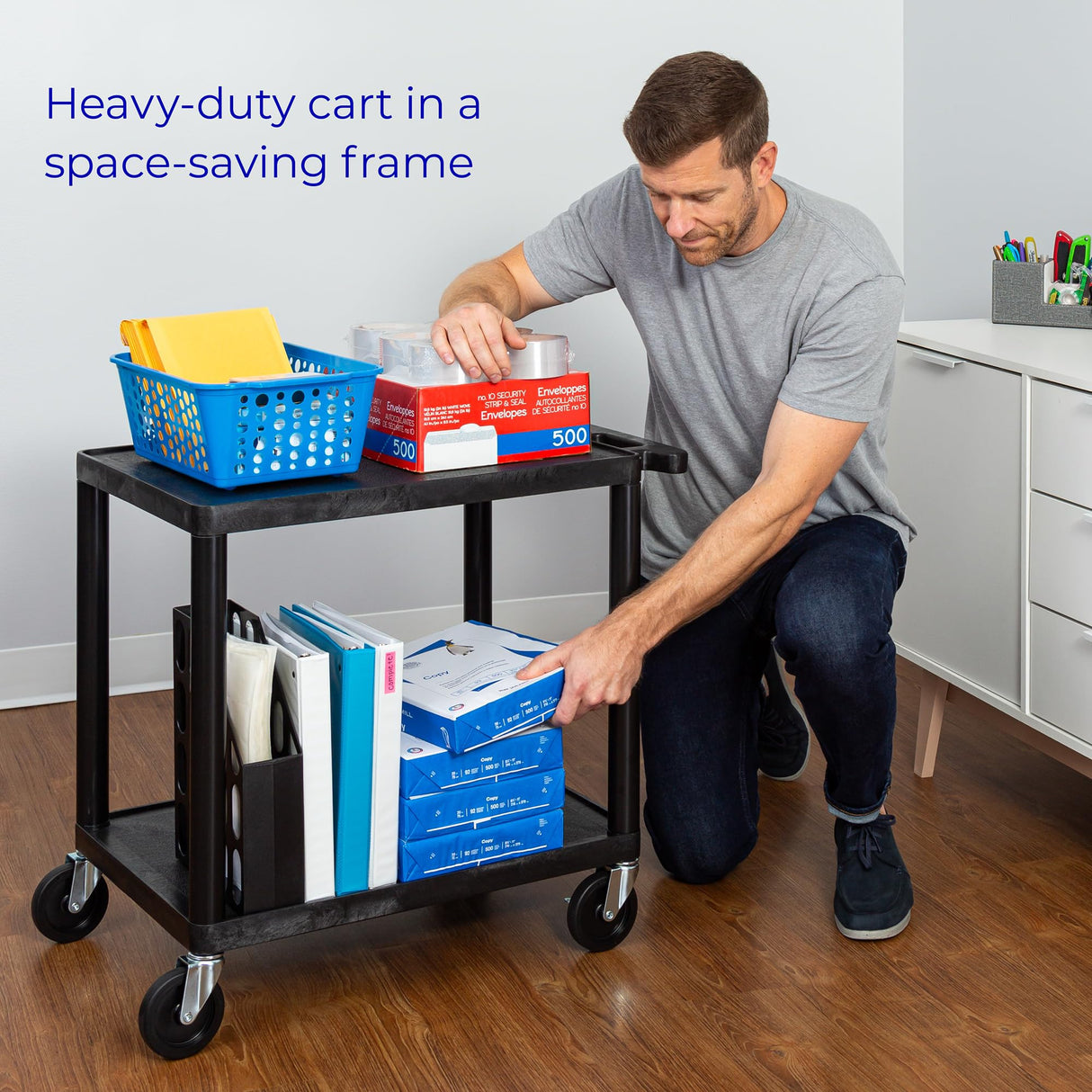 Line Leader Plastic AV Cart with Keyboard Tray and Locking Metal Cabinet, Heavy Duty Mobile Workstation with 4 Rolling Casters, 2 Locking Brakes, Heavy Duty, Holds up to 75 lbs (42 Inch w Cabinet) Stand Steady