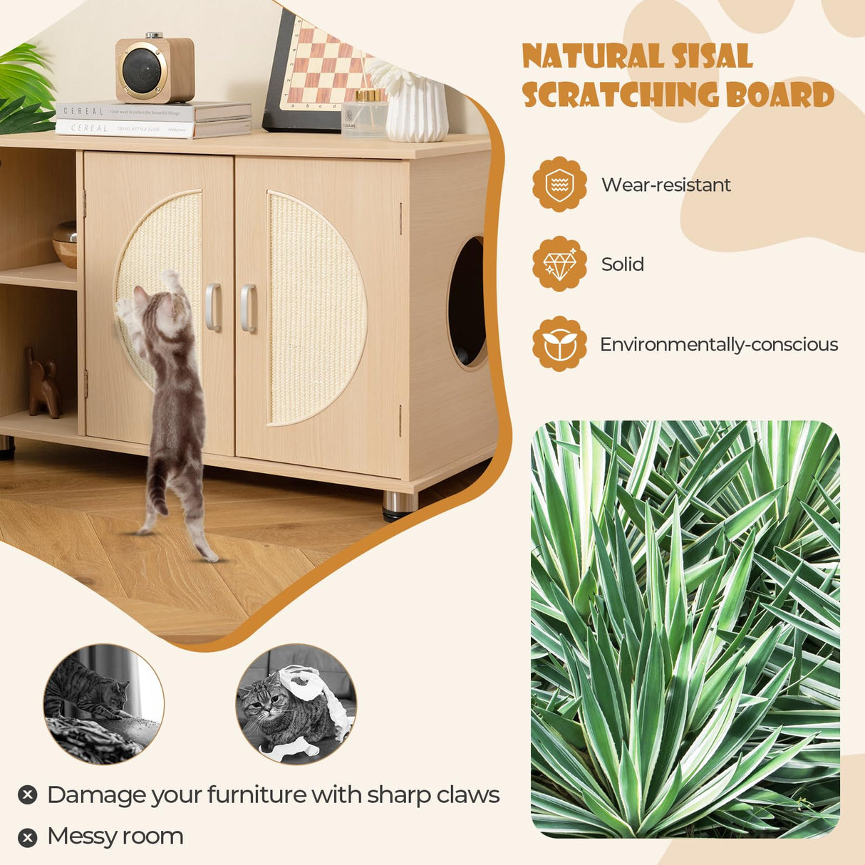 Tangkula Cat Litter Box Enclosure, Hidden Cat Washroom with Storage Shelf, Sisal Scratching Doors, Adjustable Metal Feet, Modern Cat Litter Cabinet Storage Bench, Hidden Litter Box Furniture (Natural) Tangkula
