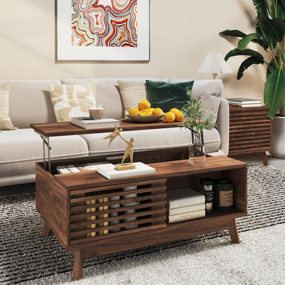 HAIOOU Coffee Table, Mid Century Modern Coffee Table with Storage, Lift Top Coffee Table for Living Room with Sliding Fence Door, 35.4'' Rectangular Fluted Coffee Table (Walnut Brown)