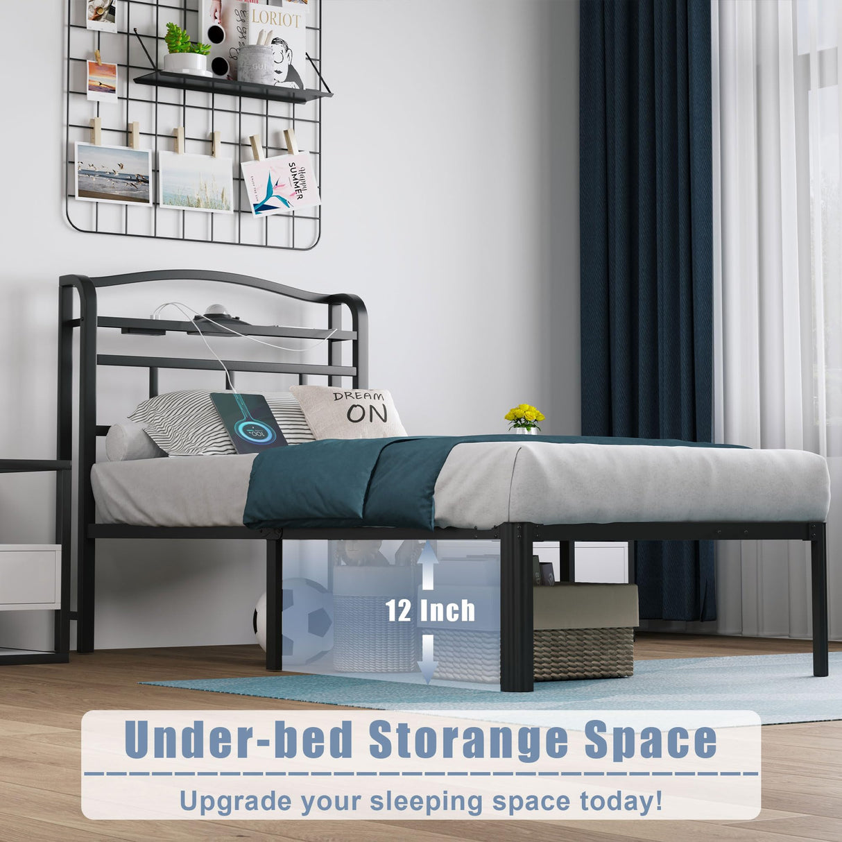 SHOANED Twin Size Metal Bed Frame - 14 Inch Heavy Duty Bedframe with Headboard & Charging Station Basic Steel Slats Platform with Galaxy Aurora Projector No Box Spring Needed, Noise-Free SHOANED