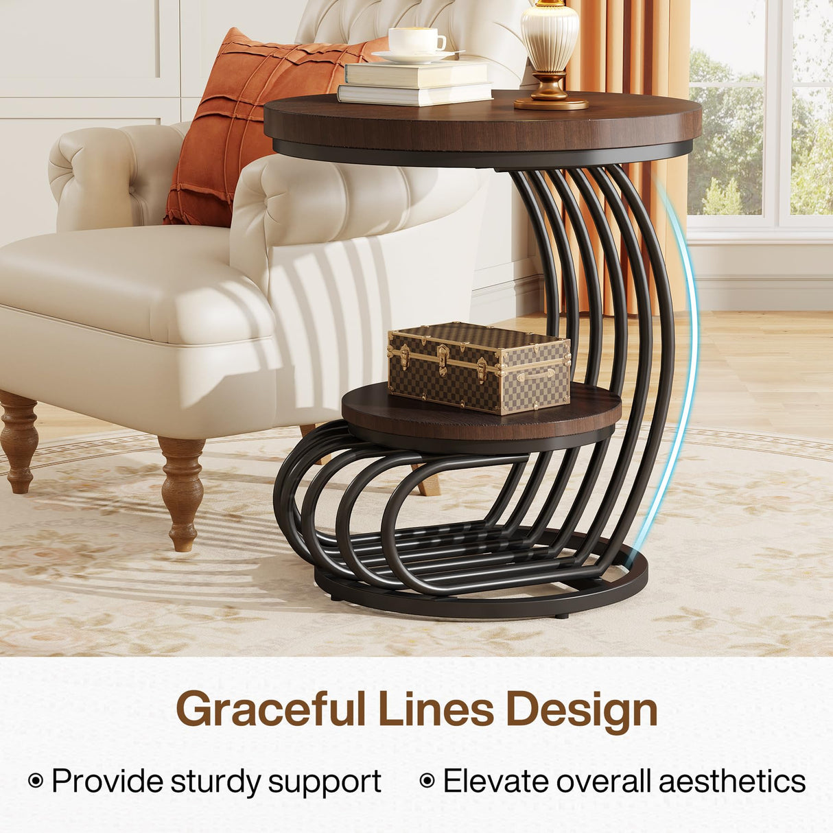 Tribesigns Round End Side Table: Side Table with 2 Tiers Storage Shelves, Vintage End Table for Living Room, Small Bedside Table Accent Table with Arc-Shaped Frame, Rustic Brown Tribesigns