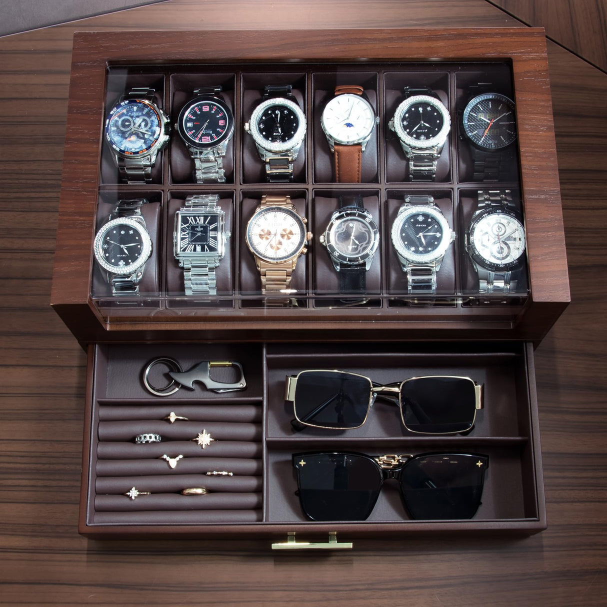 High End Watch Box for Men, 12 Slot Wooden Watch Case With Drawer, Watch Display Box with Glass Lid, 2-Layer Watch Holder for Jewelry and Watch Storage for Men Women , Ideal for Gift (With Gift Box) KAMIER