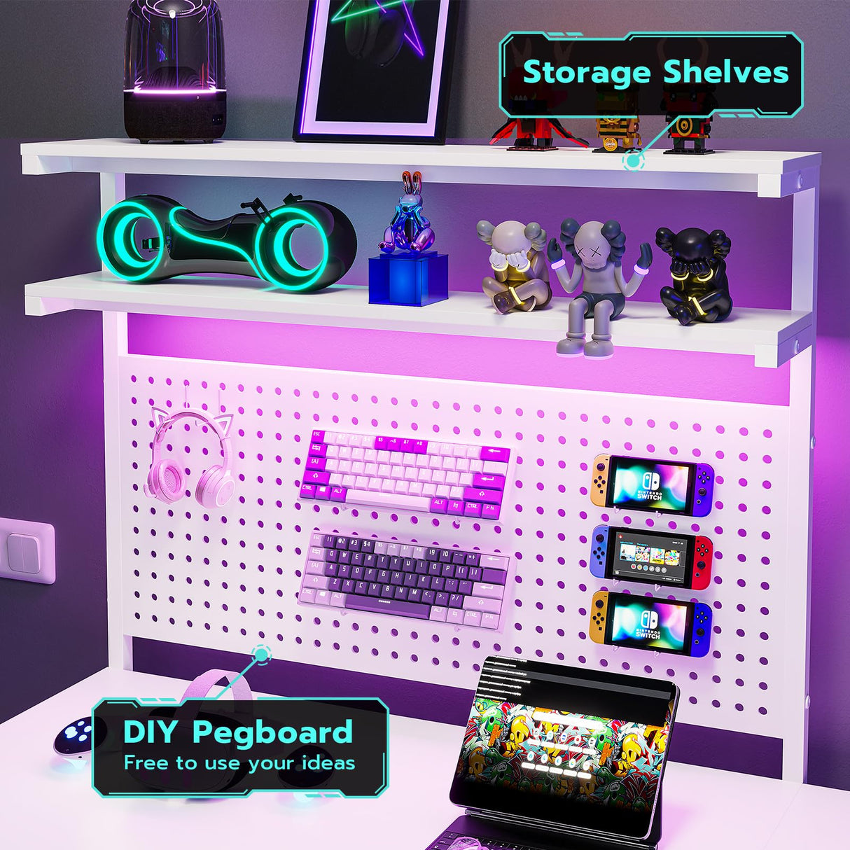 SEDETA White L Shaped Gaming Desk with LED Lights and Drawers, Gaming Desk with Hutch & Pegboard, Computer Desk with Monitor Stand, Storage Shelves, Home Office Desk Corner Desk, Gaming Table SEDETA