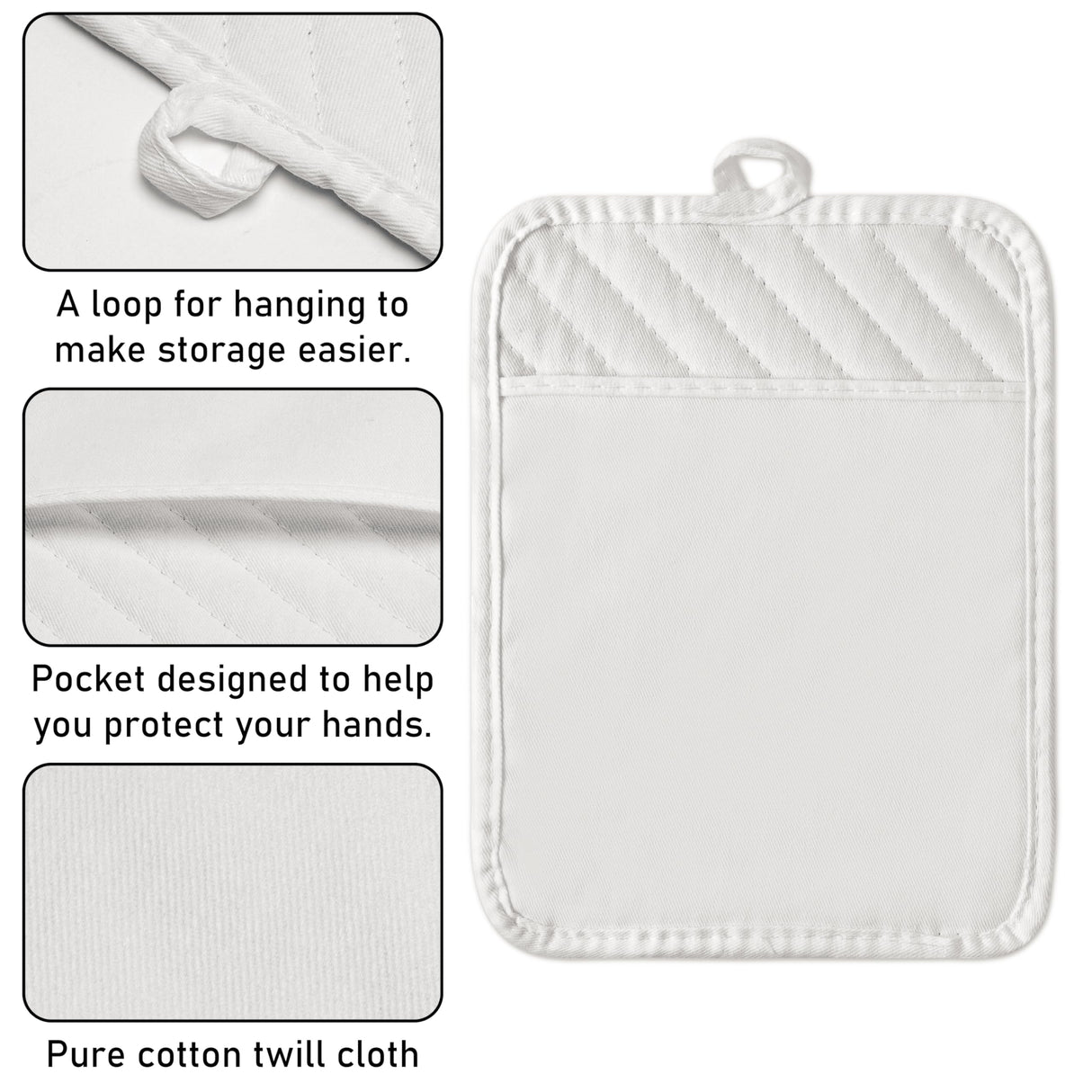 GROBRO7 6Pcs Cotton Oven Mitts and Pot Holders Set Heat Resistant Hot Pads Machine Washable BBQ Gloves with Hanging Loop Durable Pocket Pot Holder for Kitchen Baking Grilling Cooking White GROBRO7