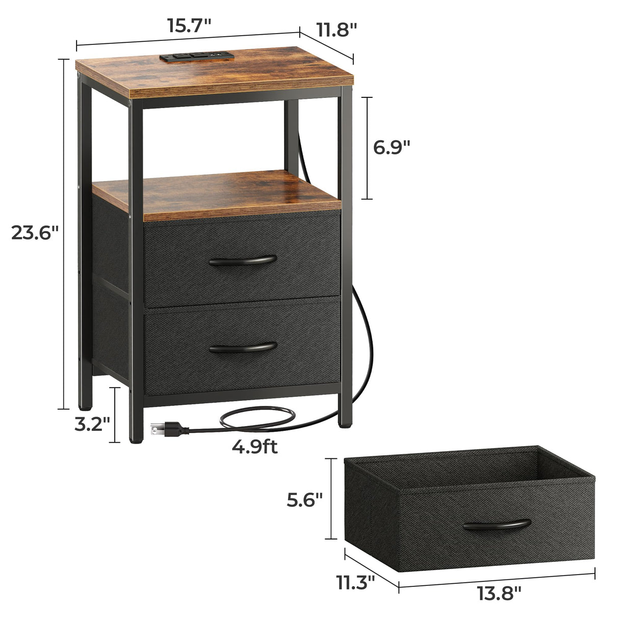 Huuger Nightstands Set of 2, End Tables with Charging Station, Side Tables with Fabric Drawers, Bedside Tables with USB Ports and Outlets, Night Stands for Bedroom, Rustic Brown and Black Huuger