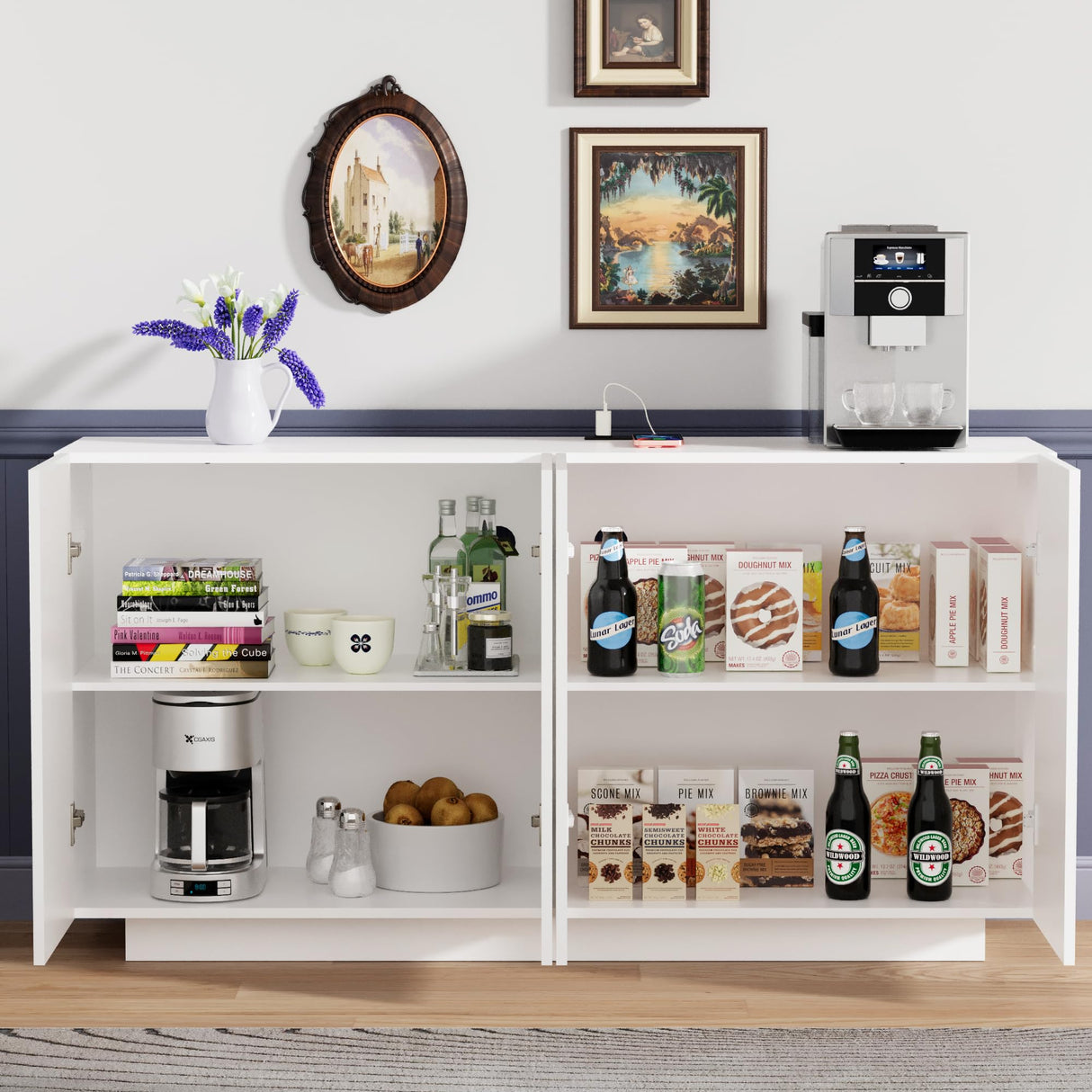 Anbuy White Buffet Cabinet with Lights 57.87'' Sideboard with Storage Coffee Bar with Charging Station Kitchen LED Buffet Cabinet with Doors for Bedroom, Living Room (White) Anbuy