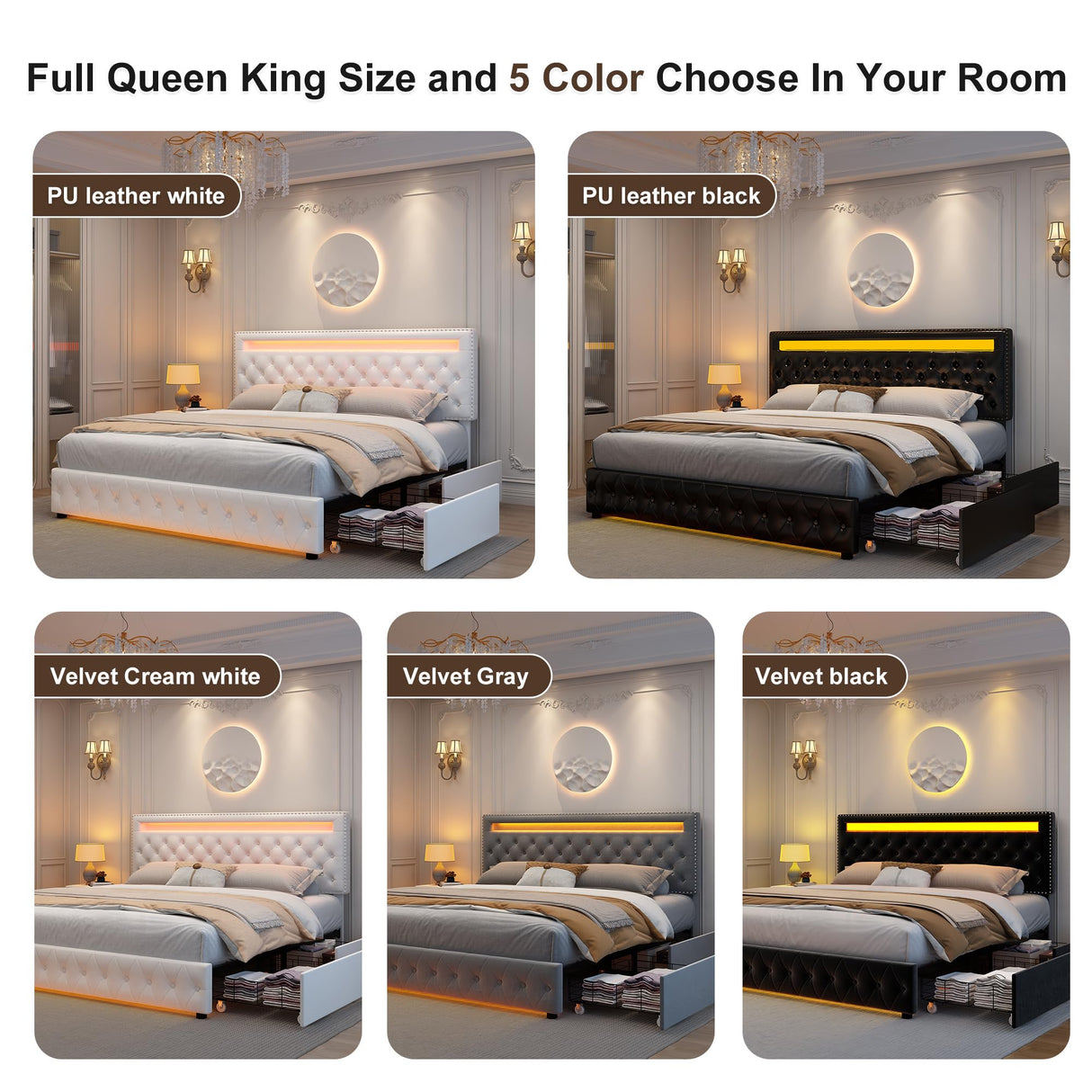 Queen Led Bed Frame with 4 Storage Drawers, with Smart Control RGBW LED Lights Headboard Footboard, Control DIY Color, Box Spring Optional, Velvet Grey WoodArtSupply