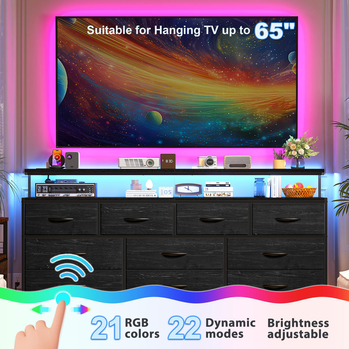 EnHomee 55" W Dresser for Bedroom with 10 Drawers Long Dresser with LED Lights & Power Outlets Wide Dressers & Chests of Drawers Large Dresser for Bedroom Dresser Metal Frame, Wood Top, Charcoal Black EnHomee