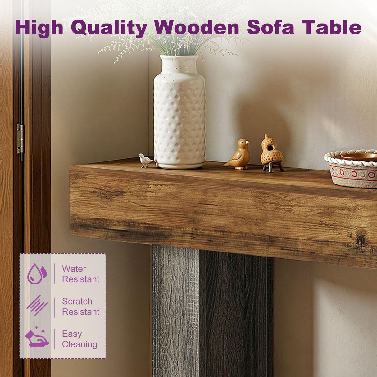 HIGREENA 63 Inch Entryway Table, 2-Tier Farmhouse Wooden Rectangular Console Sofa Table for Living Room, Hallway, Foyer Accent Table Behind Couch with U-Shaped Base - Brown & Grey HIGREENA