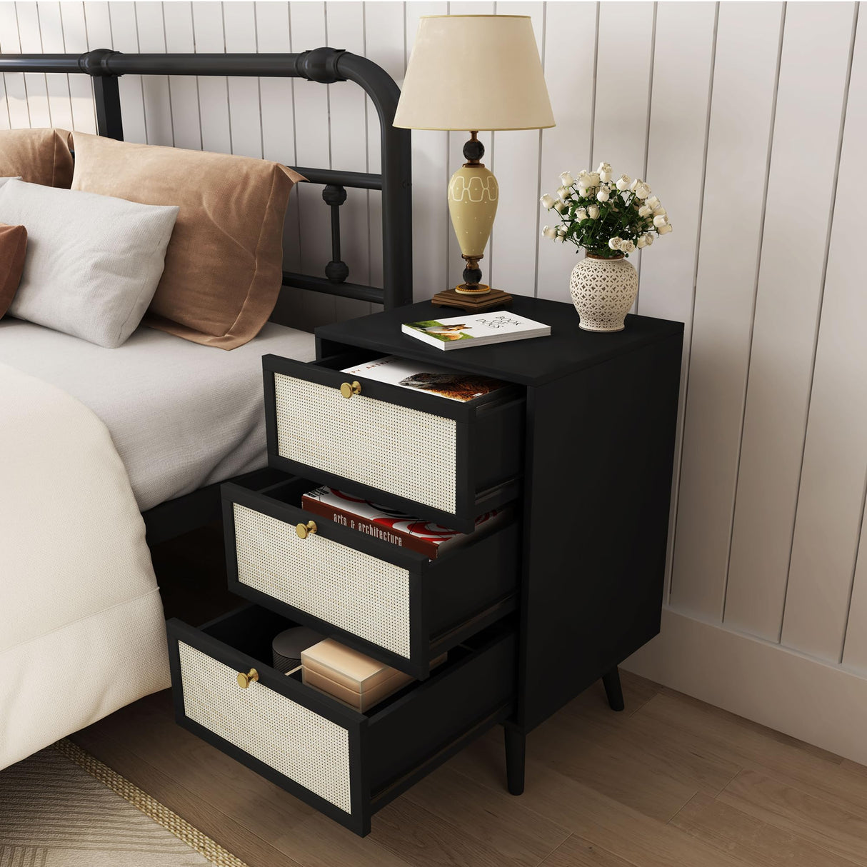 PHOYAL Rattan Nightstand Set of 2, End Table Rattan Bedside Table with Storage 3-Drawer Side Table with 3 Hand Made Rattan Decorated Drawers Wood Accent Table, Black 2 Pack PHOYAL